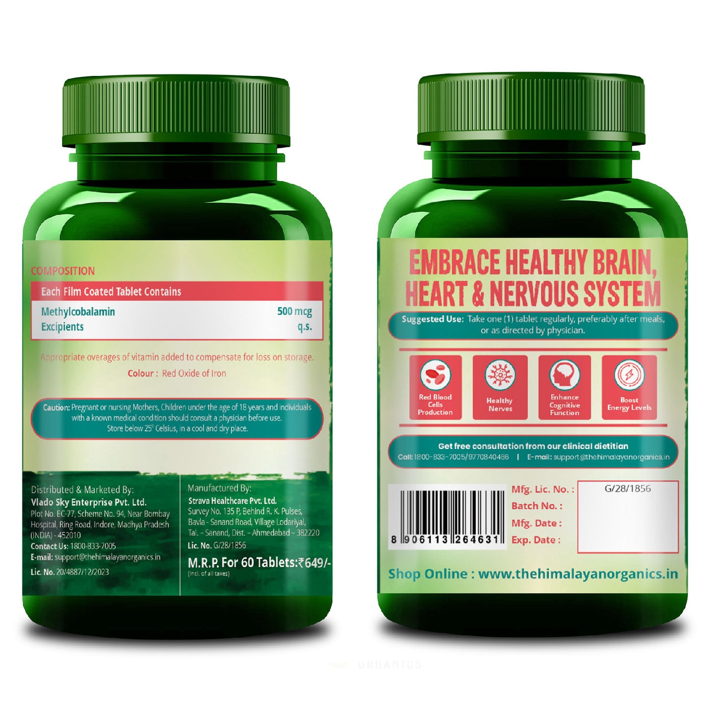 Vlado's Himalayan Organics Vitamin B12 Supplements 500 mcg - Methylcobalamin B12 Vitamin Tablets for Men & Women - 60 Veg Tablets