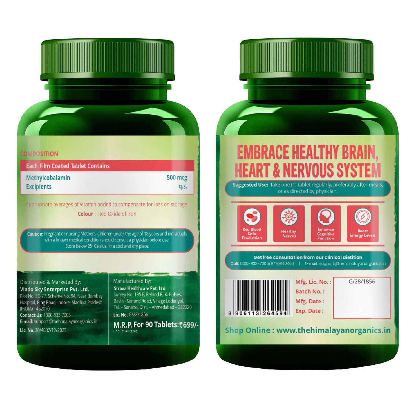 Vlado's Himalayan Organics Vitamin B12 Supplements - Methylcobalamin 500mcg I B12 Active form of Methylcobalamin I 100% RDA I For Memory, Brain, Heart & Nervous System Support I For Men & Women- 90 Tablets