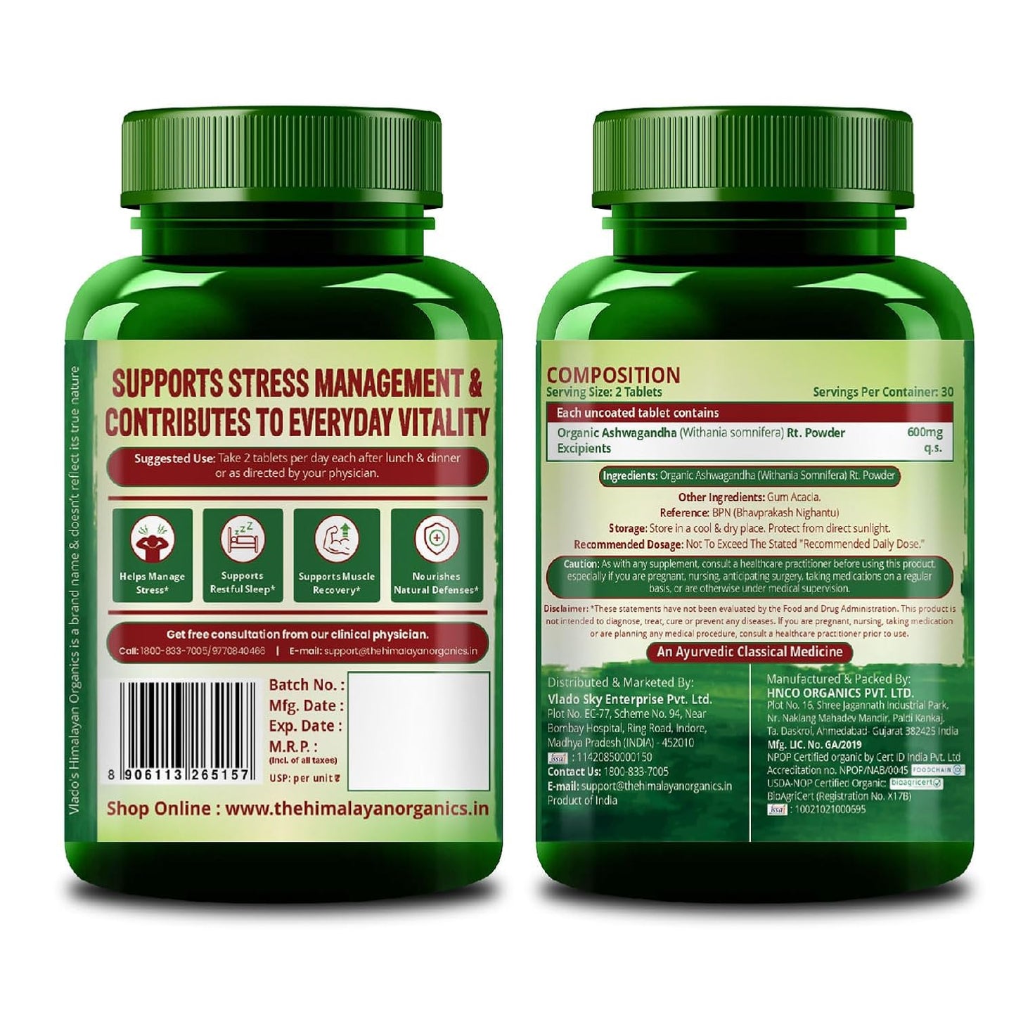 Vlado's Himalayan Organics Organic Ashwagandha 1200mg Tablets | Stress & Anxiety Relief Tablets | Ashwagandha Powder tablet 1000 mg | Rejuvenates Mind & Body General Wellness - 60 Tablets,