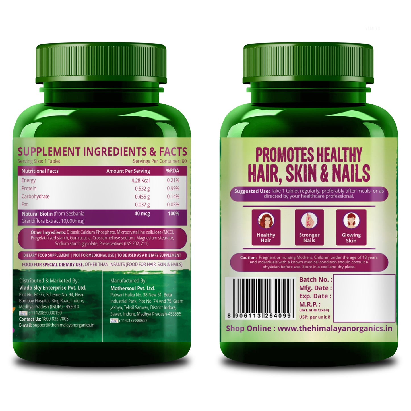 Vlado’s Himalayan Organics Biotin 10000mcg Supplement for Hair Growth, Strong Hair and Glowing Skin, Nail I Sesbania Extract Biotin tablets For Men & Women - 60 Veg Tablets