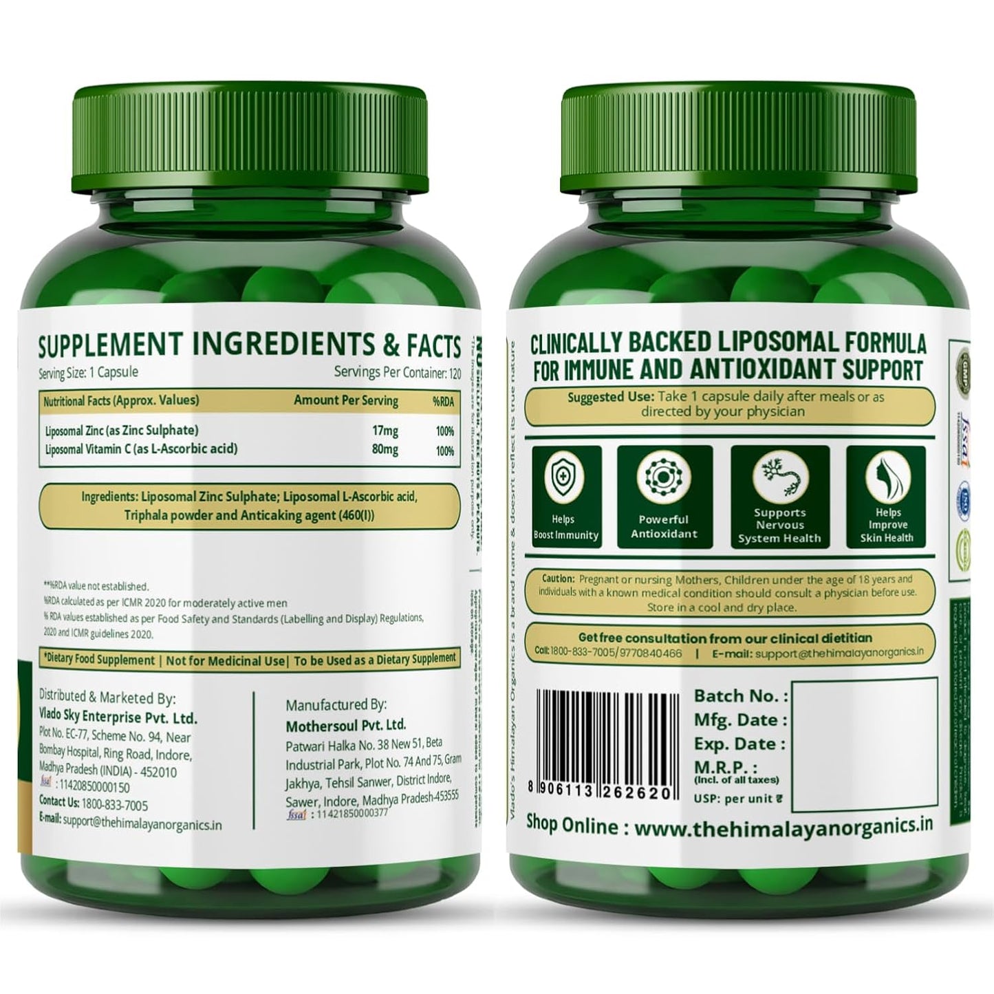 Vlado's Himalayan Organics Liposomal Zinc With Vitamin C Supplement | Digestive Health | Improve Iron Absorption | Double Antioxidant & Immune Support -120 Veg Capsules