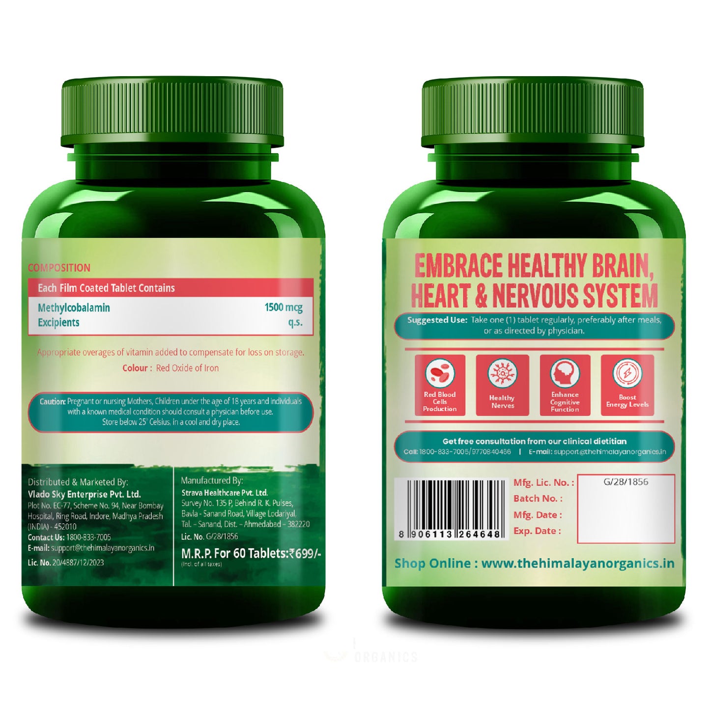 Vlado's Himalayan Organics Vitamin B12 Tablets 1500 mcg -Active form of Methylcobalamin Vitamin B12 Supplements for Men & Women- 60 Veg Tablets