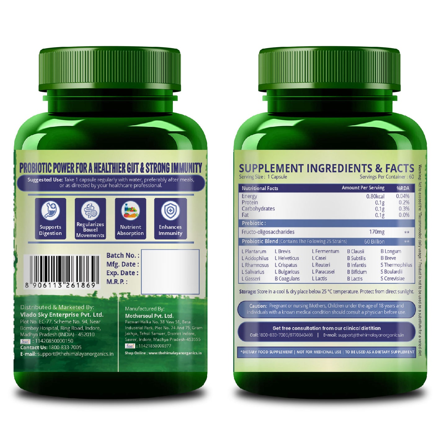 Vlado’s Himalayan Organic Probiotics 60 Billion CFU + 170Mg Prebiotics + 24 Strains Supplement | Better Nutrient Absorption | Healthy Digestion, Stronger Immunity & Overall Wellness - 60 Veg Capsules