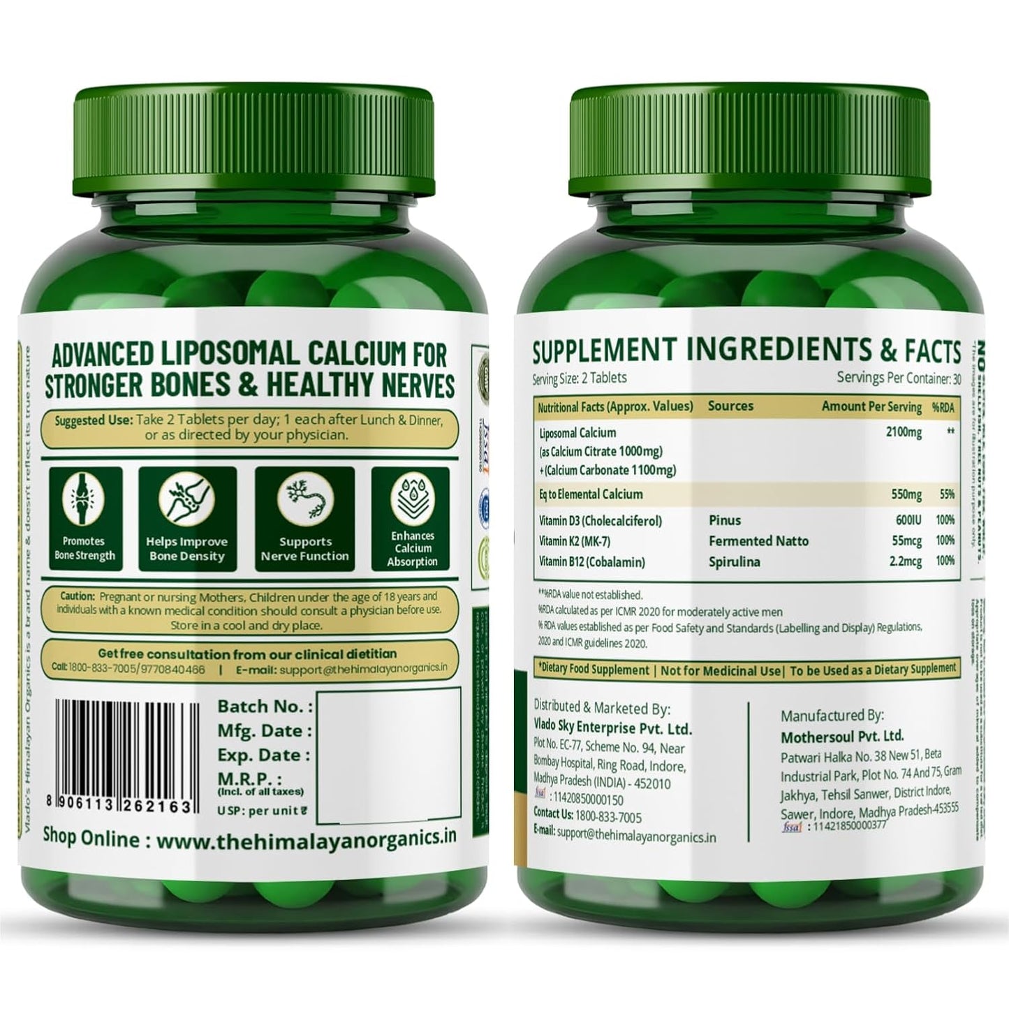 Vlado’s Himalayan Organics Liposomal Calcium 2100mg with Vitamin D3 + K2 (MK-7) & Vitamin B12 | Better Absorption | Supports Healthy Bones, Heart, Joints & Recovery | For Men & Women | 60 Veg Tablets