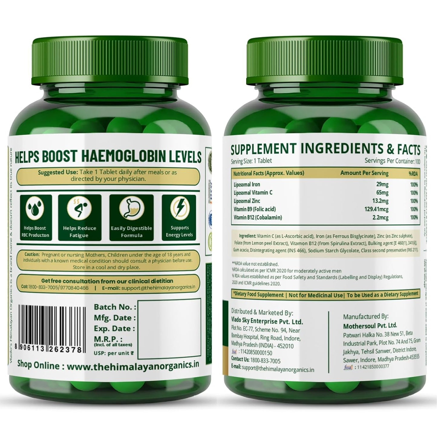 Vlado's Himalayan Organics Liposomal Iron supplement with Vitamin C,B12,Zinc & Folic Acid | Boost Hemoglobin Levels | Improves Concentration Level,Energy & Blood Building-100 Veg Tablets