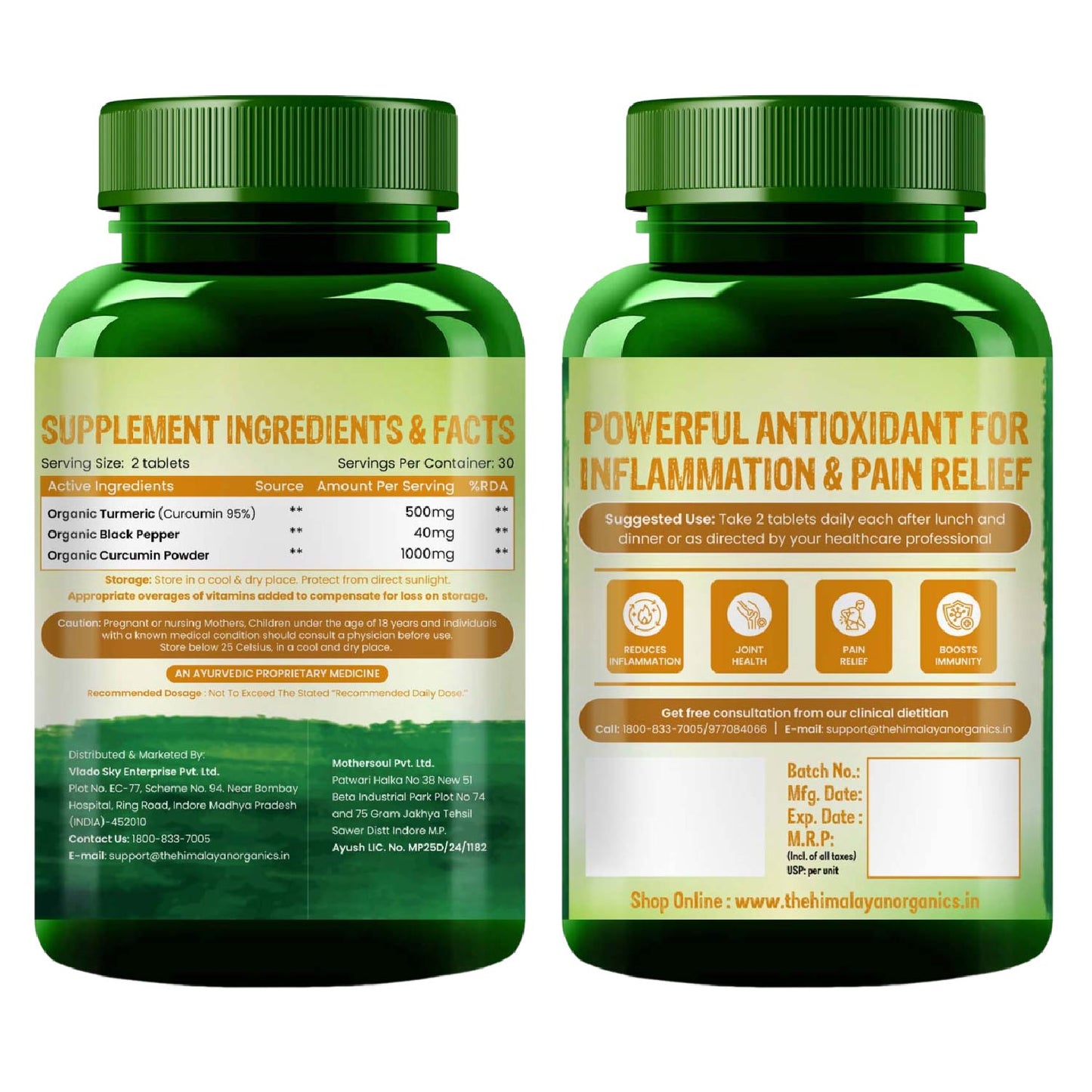 Vlado's Himalayan Organics - Organic Curcumin Tablets 1500+ Mg/Serving with Black Pepper and 95% Curcuminoids | Anti inflammatory Supplement for Adults | With Curcuma Longa, Turmeric | 60 Veg Tablets