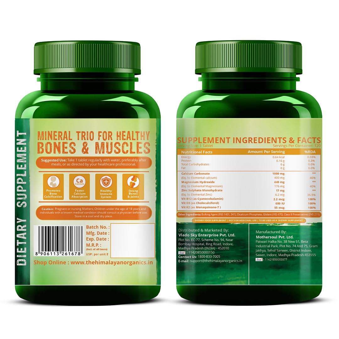 Calcium Magnesium Zinc Vitamin D3, B12 & K- 120 Vegetarian Tablets