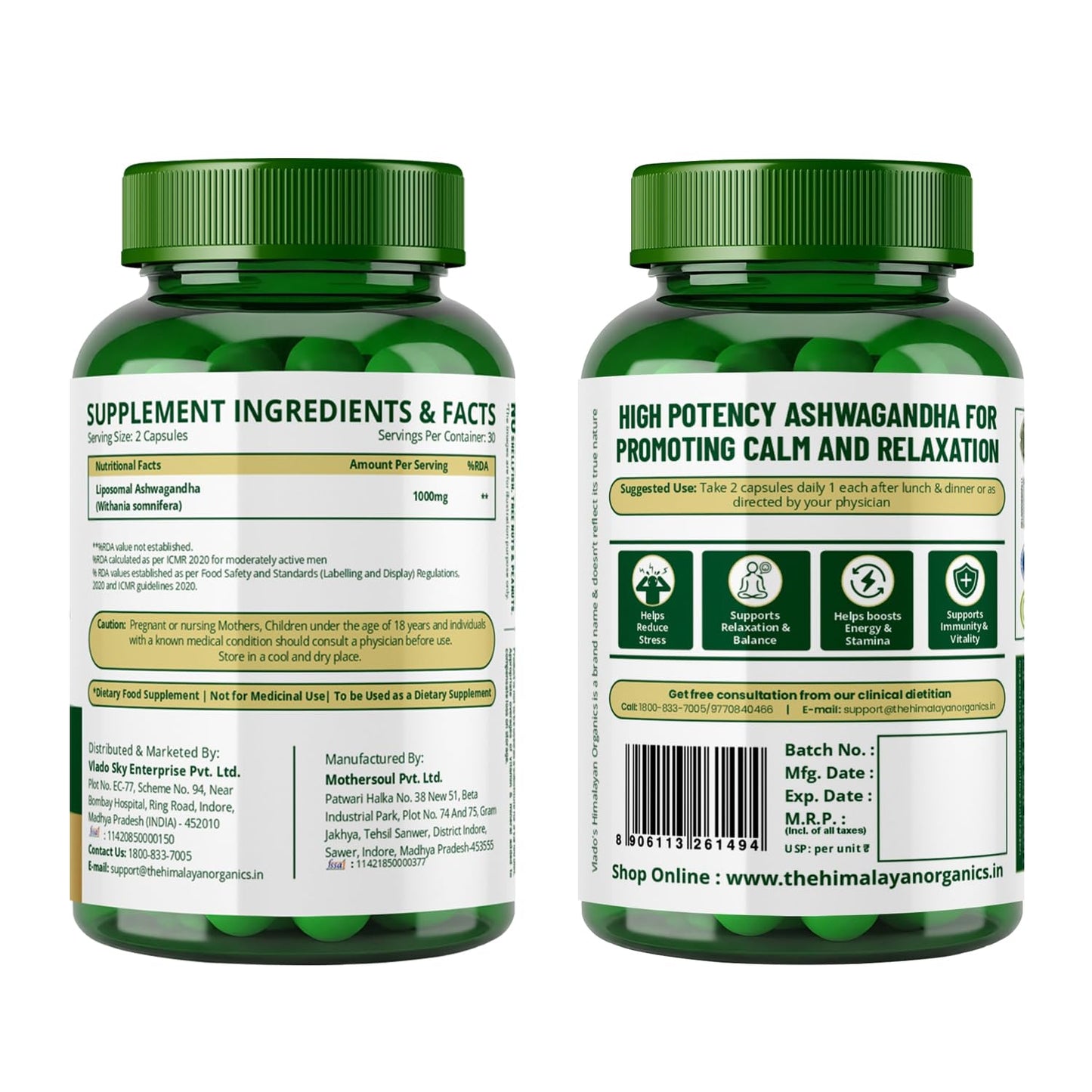 Vlado's Himalayan Organics Liposomal Ashwagandha 1000mg/Serve || Energy & Endurance || 60 Veg Capsules