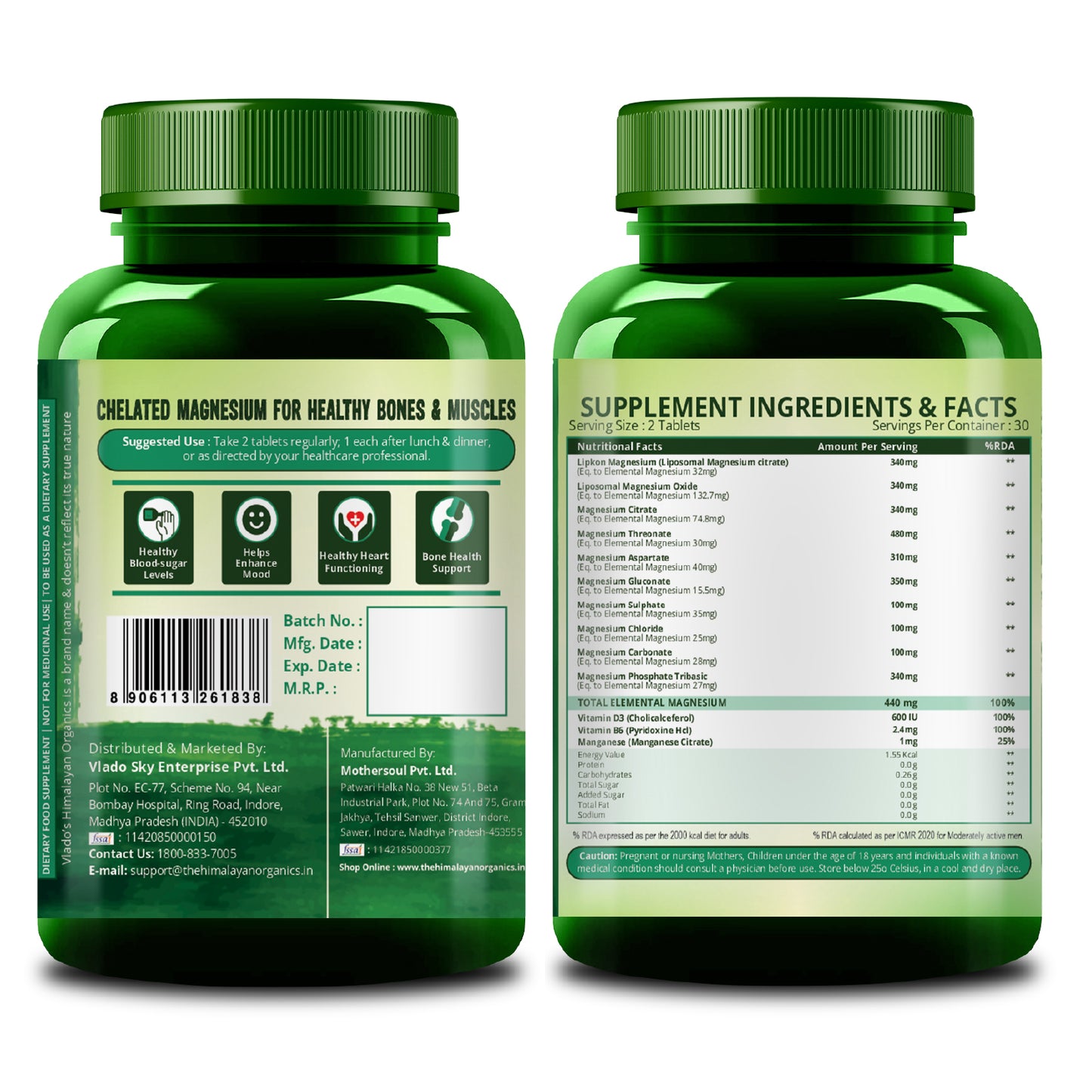 Vlado's Himalayan Organics Magnesium Supplement 28000mg with 10 Chelated Salts Liposomal magnesium citrate , Oxide, Threonate, Aspartate, +2 more with VItamin D3 & B12 I 10X Strength mangesium complex - 60 Veg tablets