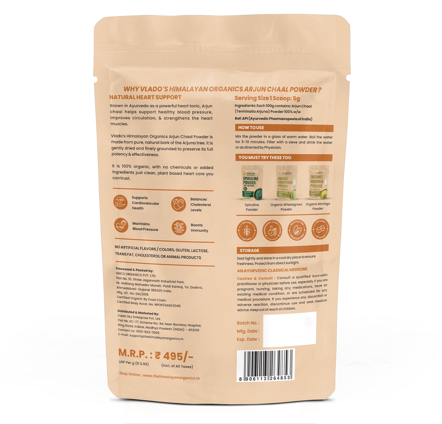 Vlado's Himalayan Organics Arjun Chaal Powder-500G | 100% Natural & Pure Herbal Arjun Ki Chaal Powder For Men & Women I USDA Organic | To Support Heart Health & Promote Good Cholesterol