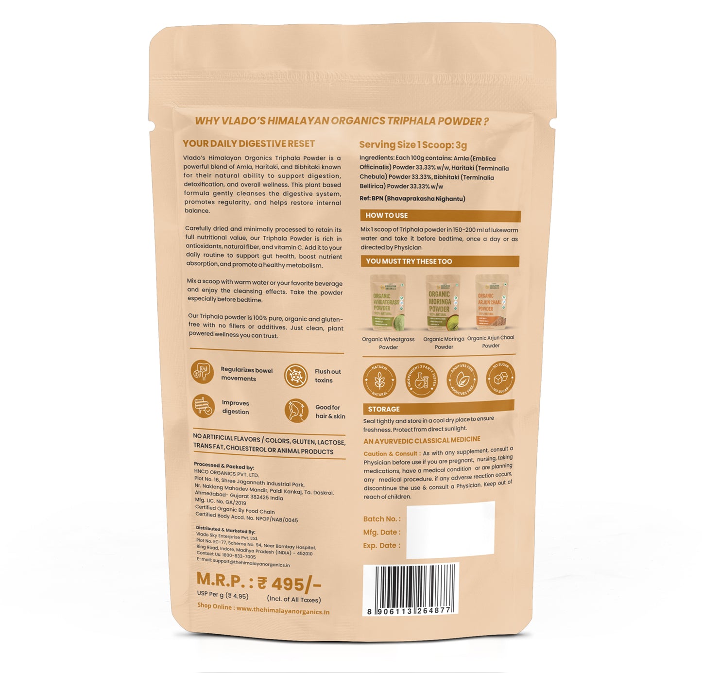 Vlado's Himalayan Organics Triphala Powder - 100 GM | Triphala Churna For Gut, Immune & Intestinal Health | Colon & Digestion, For Balanced Bowel & Gut Health, Contains Bioactives and Antioxidants, GMP & NPOP Certified Organic I Helps Relieve Constipation