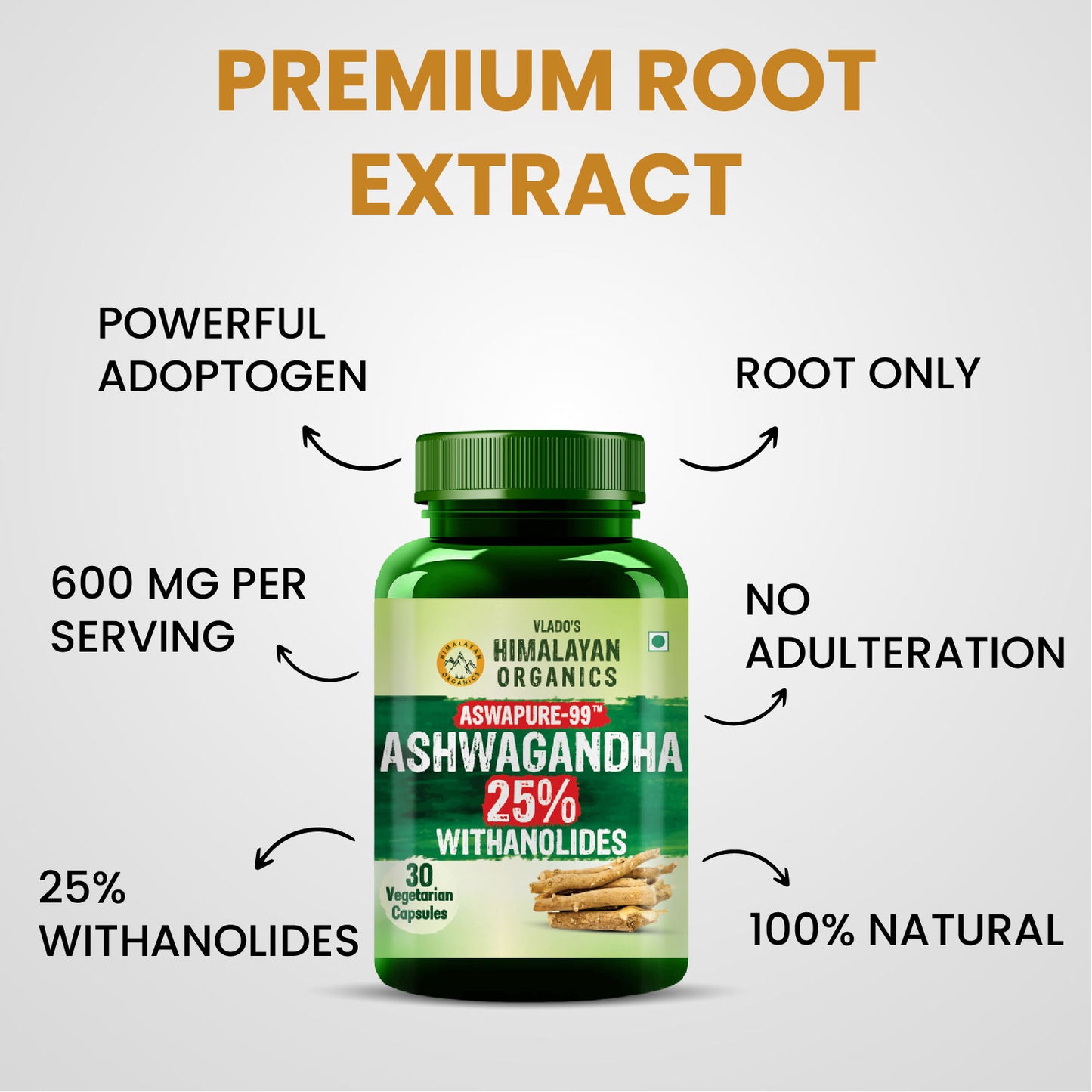 Vlado's Himalayan Organics Ashwagandha -25 % Withanolides with Maximun High Potency - 600MG - Highly Concentrated & Third-Party Lab Tested - Ayurvedic Supplement - Focus, Mood Support, Increase Energy, Strength 1st in India - 30 Capsules