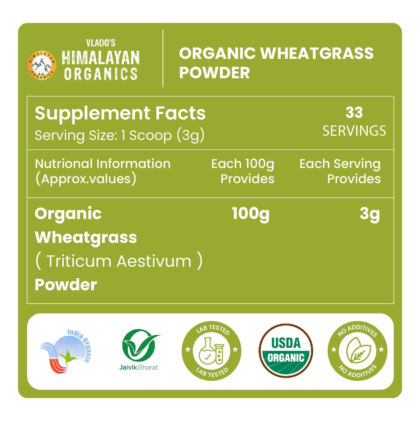 Vlado's Himalayan Organics 100% Natural Organic Wheatgrass Powder | USDA Certified I Wheat Grass Powder | Organic Wheatgrass Juice | Ayurvedic Support For Natural Detox | Immunity Booster | Herbal Supplement - 100g