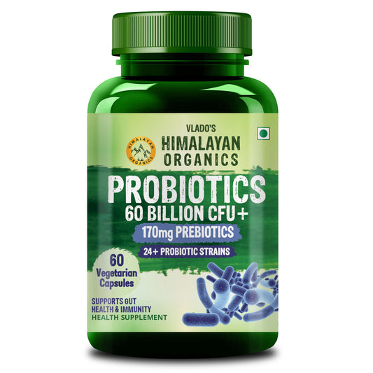 Vlado’s Himalayan Organic Probiotics 60 Billion CFU + 170Mg Prebiotics + 24 Strains Supplement | Better Nutrient Absorption | Healthy Digestion, Stronger Immunity & Overall Wellness - 60 Veg Capsules