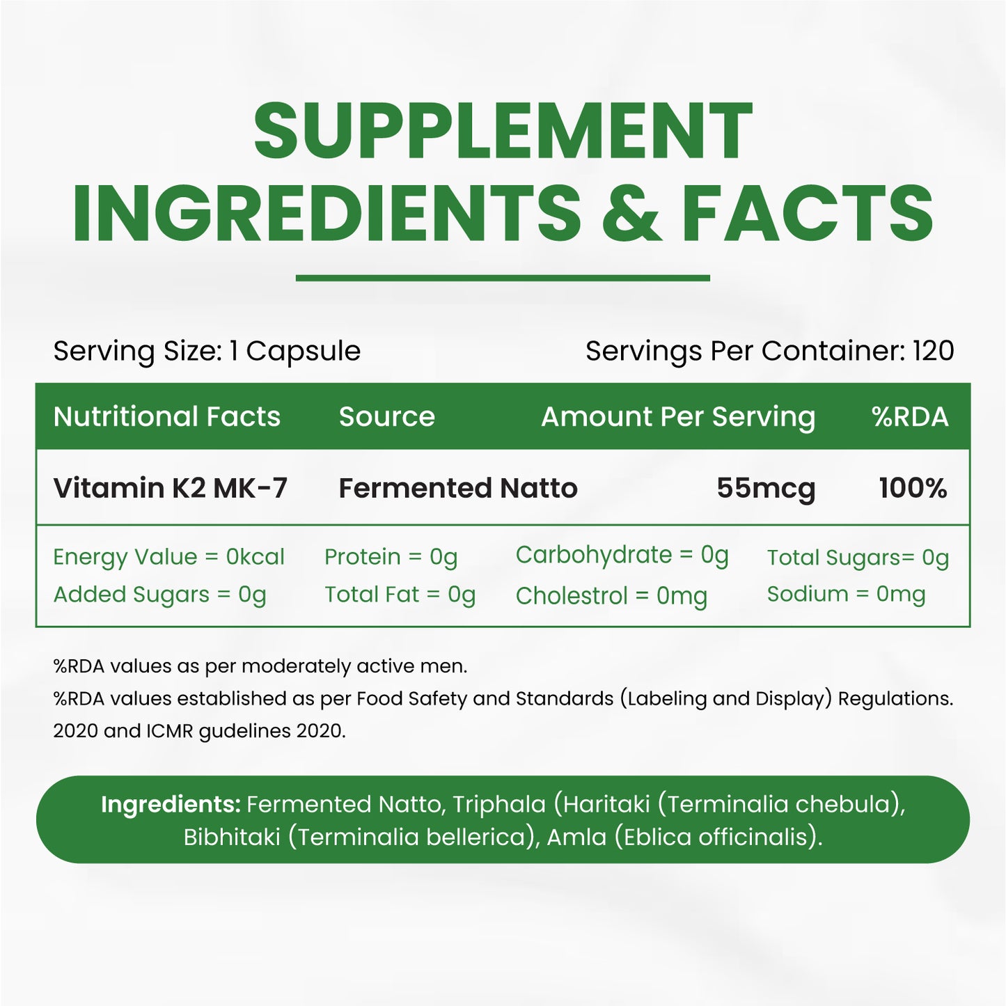 Vlado's Himalayan Organics Plant-Based Vitamin K2 MK- 7 Supplement Supports Stronger Bone & Heart Health I 55 MCG / Serving - k2 supplements for Men & Women - 120 Veg Capsules