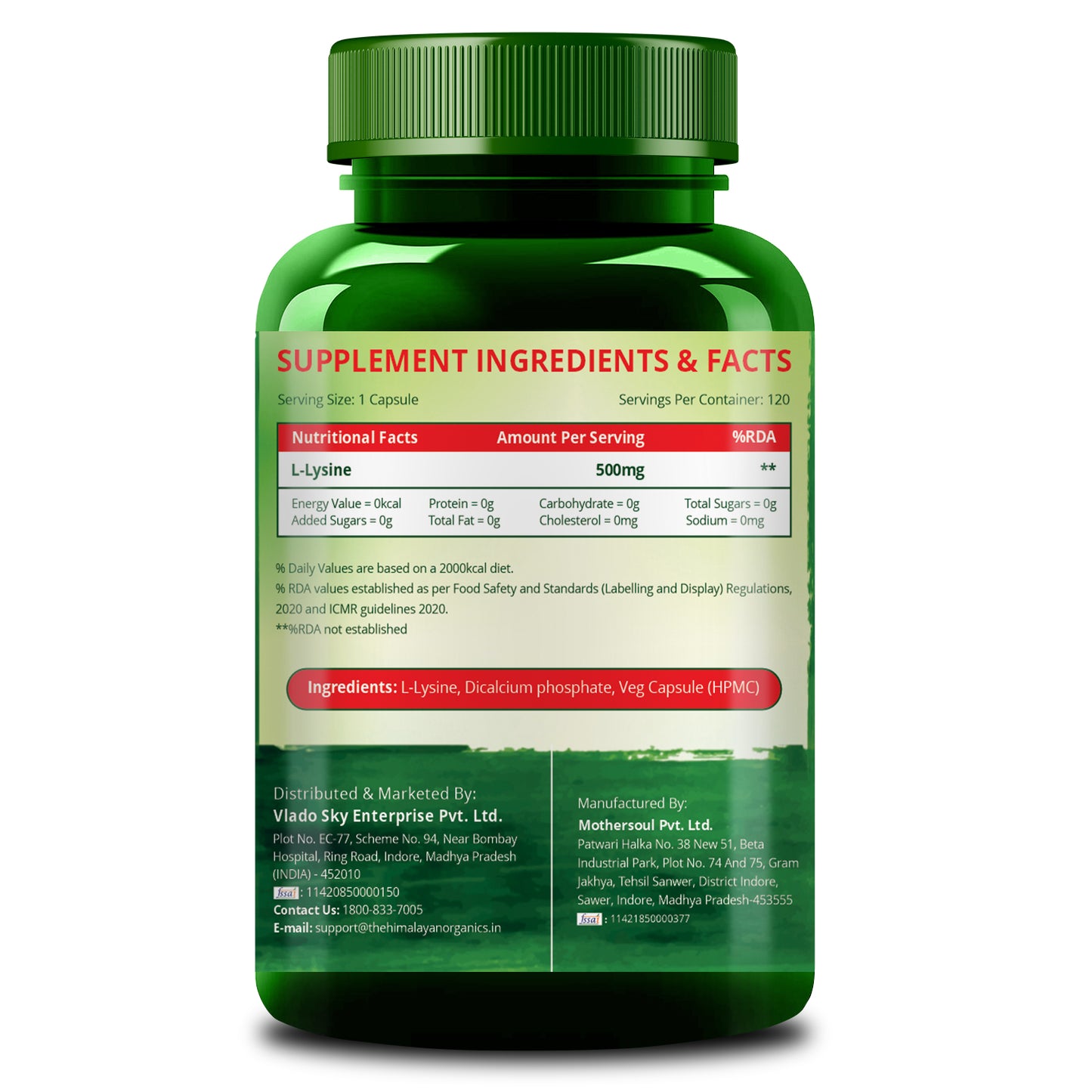 Vlado’s Himalayan Organics L-Lysine 500mg Essential Amino Acid | Supports Heart Health | Boosts Immunity | Improve Bone Health- 120 Veg Capsules
