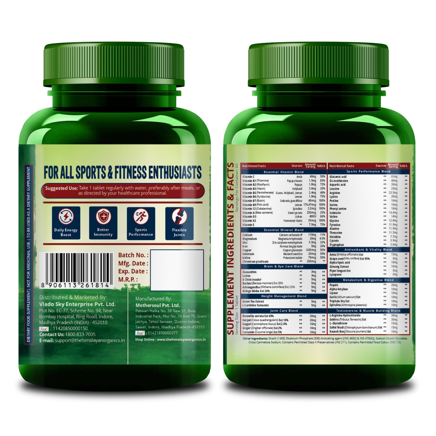 Vlado's Himalayan Organics Multivitamin Sports with 60 + Vital Nutrients & 13 Performance Blends with Enzymes – 60 Tabs