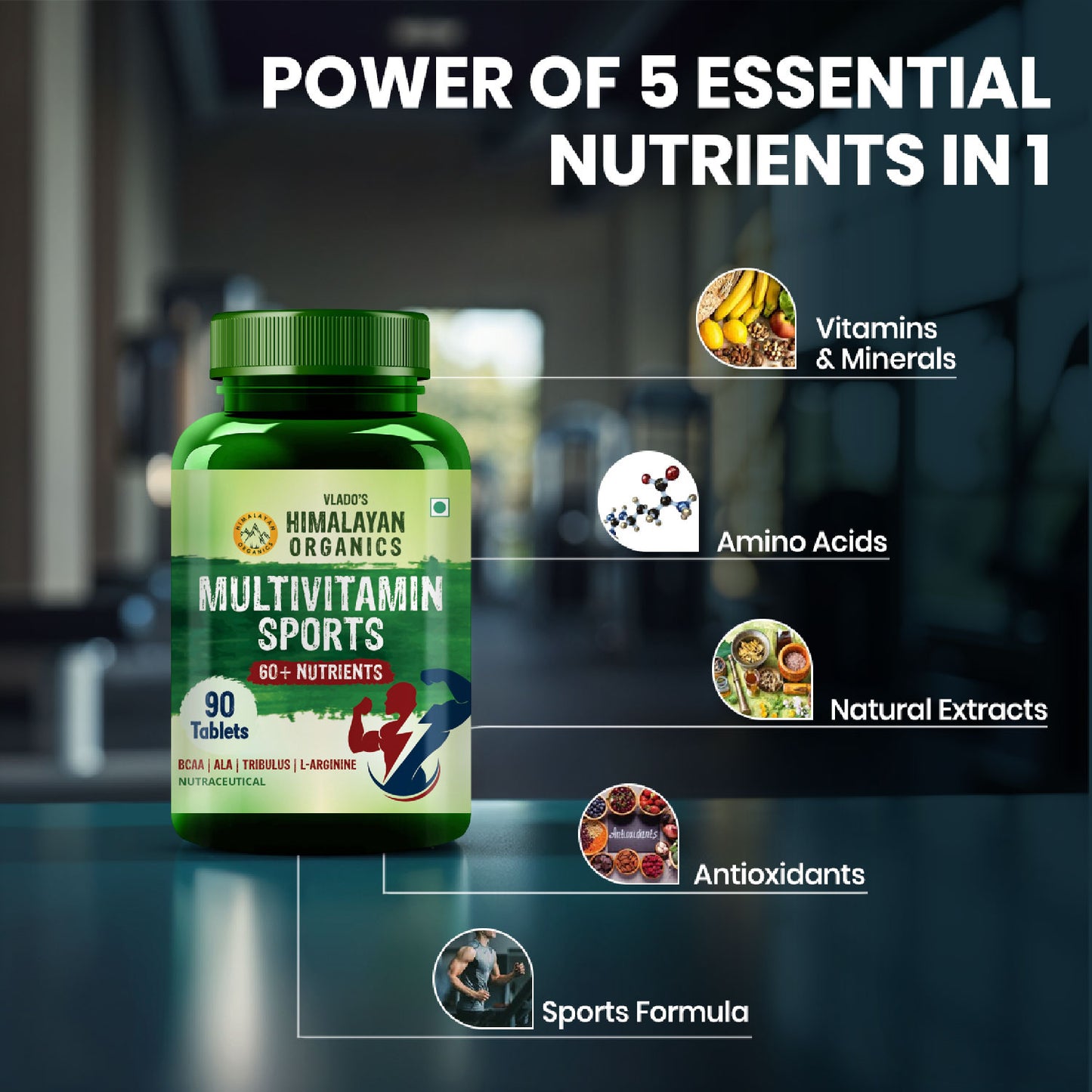 Vlado's Himalayan Organics Multivitamin Sports 60+ Nutrients | Vitamin B1,B2,B3,B5,B6,B12,A,E,C,D,K,Biotin,Calcium,Zinc - 90 Veg Tablets