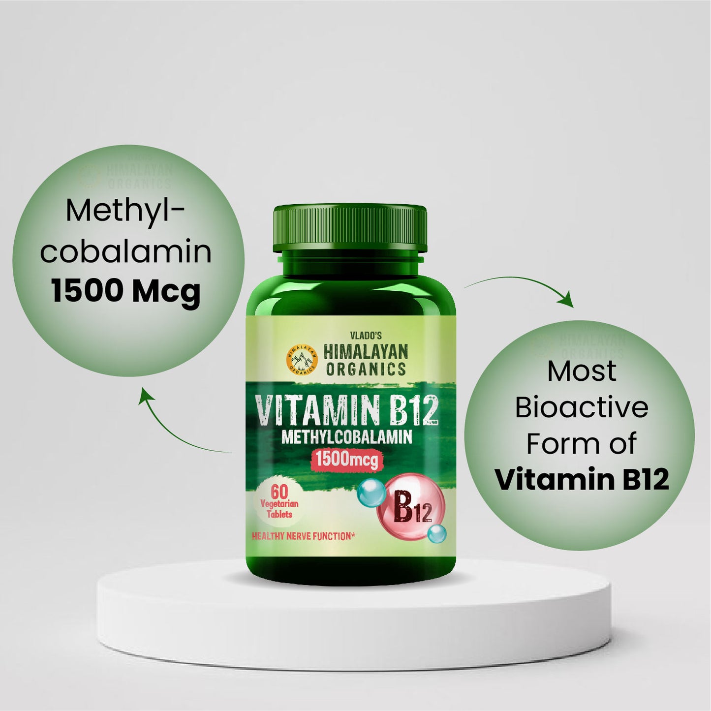 Vlado's Himalayan Organics Vitamin B12 Tablets 1500 mcg -Active form of Methylcobalamin Vitamin B12 Supplements for Men & Women- 60 Veg Tablets