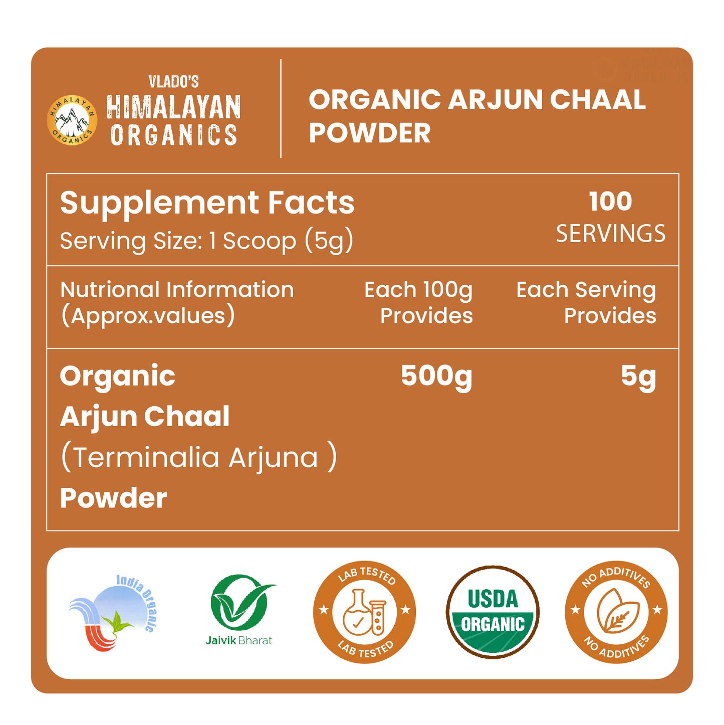 Vlado's Himalayan Organics Arjun Chaal Powder-500G | 100% Natural & Pure Herbal Arjun Ki Chaal Powder For Men & Women I USDA Organic | To Support Heart Health & Promote Good Cholesterol