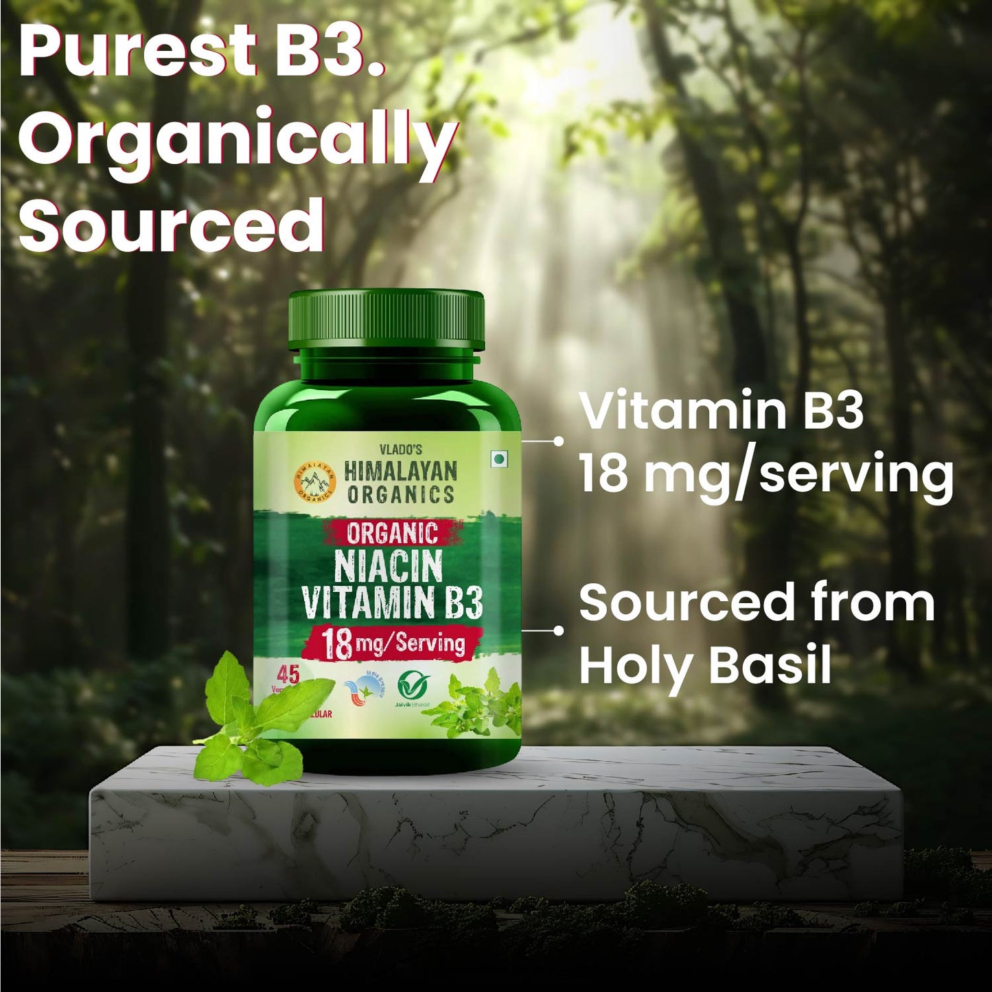 Vlado's Himalayan organics - Organic Niacin (Vitamin B3 ) 18 mg / Serving - for Vascularity & Increase Cellular Energy - 45 Veg Tablets