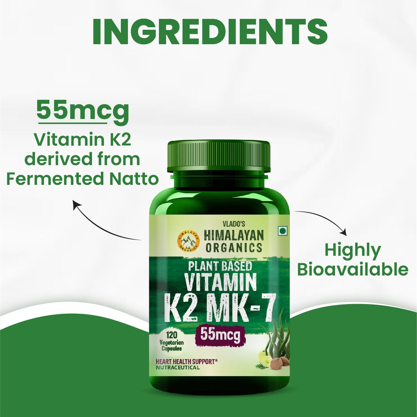 Vlado's Himalayan Organics Plant-Based Vitamin K2 MK- 7 Supplement Supports Stronger Bone & Heart Health I 55 MCG / Serving - k2 supplements for Men & Women - 120 Veg Capsules