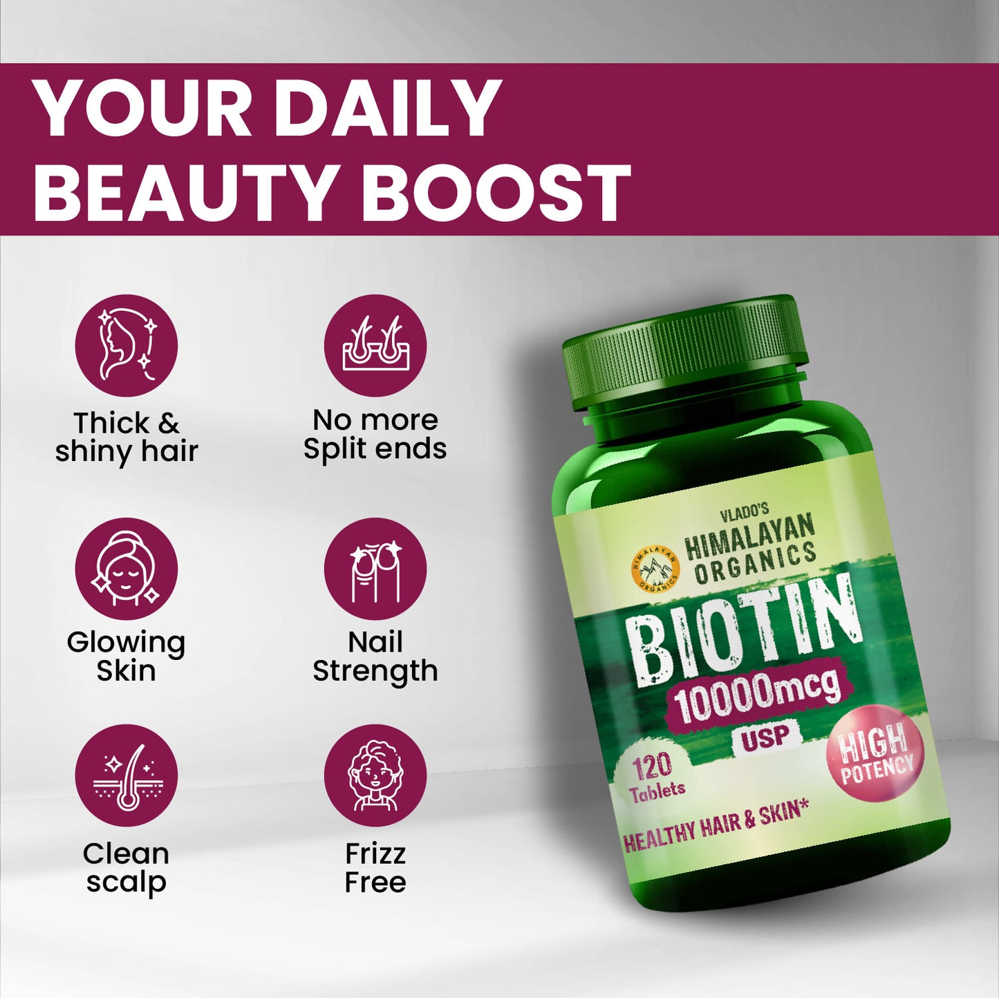 Vlado's Himalayan Organics Biotin 10000Mcg For Healthy Hair And Skin - 120 Tablets