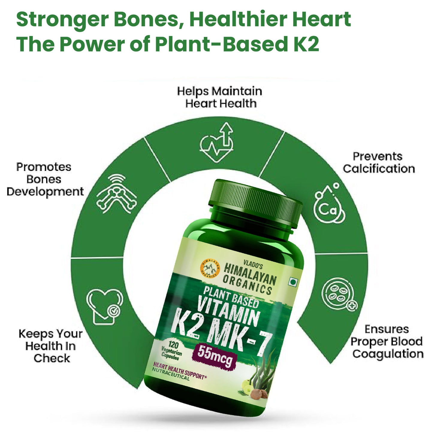 Vlado's Himalayan Organics Plant-Based Vitamin K2 MK- 7 Supplement Supports Stronger Bone & Heart Health I 55 MCG / Serving - k2 supplements for Men & Women - 120 Veg Capsules