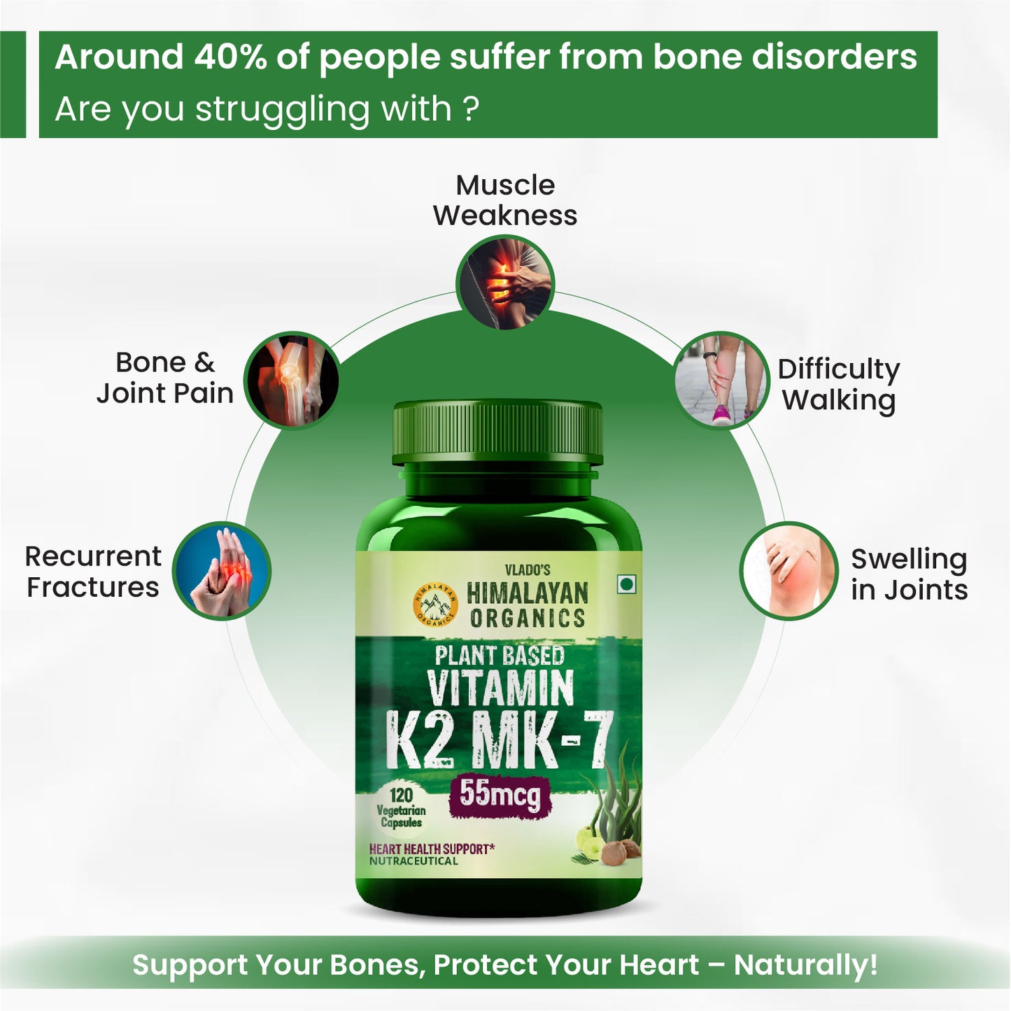 Vlado's Himalayan Organics Plant-Based Vitamin K2 MK- 7 Supplement Supports Stronger Bone & Heart Health I 55 MCG / Serving - k2 supplements for Men & Women - 120 Veg Capsules