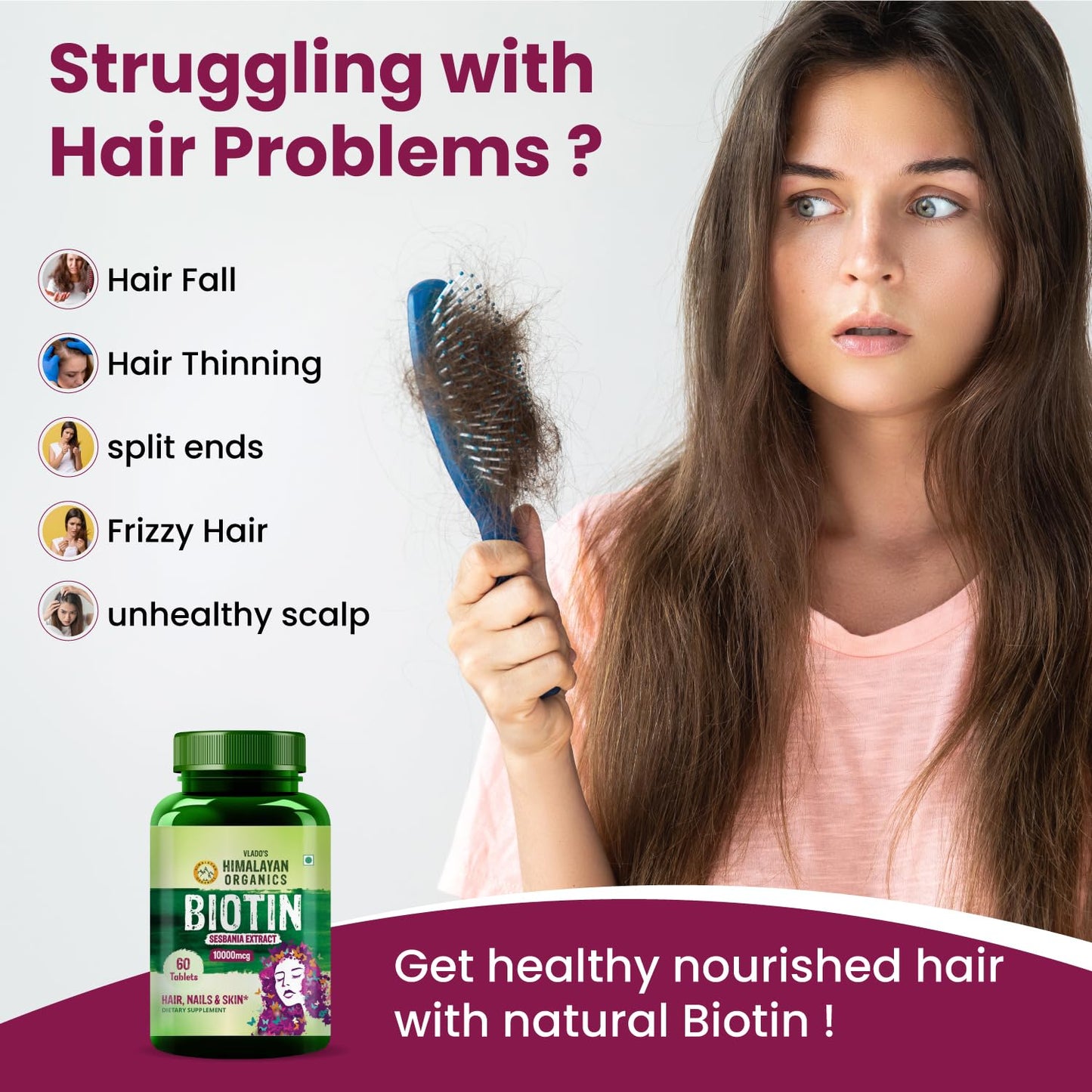 Vlado’s Himalayan Organics Biotin 10000mcg Supplement for Hair Growth, Strong Hair and Glowing Skin, Nail I Sesbania Extract Biotin tablets For Men & Women - 60 Veg Tablets