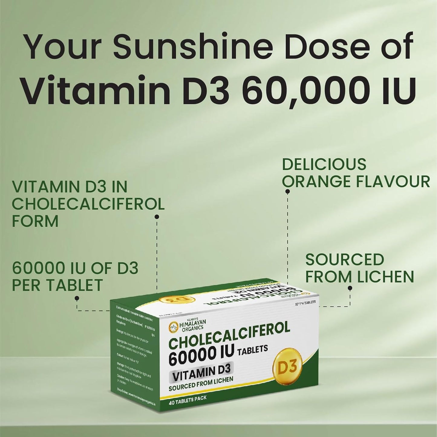 Vlado's Himalayan Organics Vitamin D3 60000 IU Tablets | Cholecalciferol I Vitamin D3 60k Supplement | Vitamin D 60000 iu Tablets | Cholecalciferol Supplement 60000iu for men & women | Orange Flavour - 40 Tablets