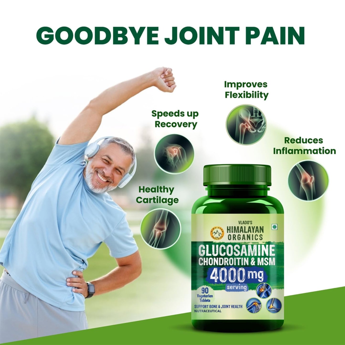 Vlado's Himalayan Organics Glucosamine Chondroitin MSM | For Bone, Joint & Cartilage Support | 90 Tablets - EAN: 8906113261913