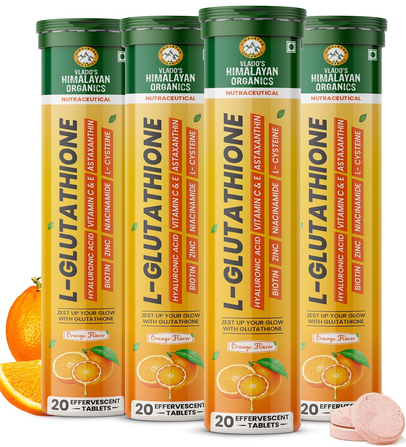 Vlado's Himalayan Organics Japanese Reduced L Glutathione Effervescent Tablets 1150mg with Hyaluronic Acid , Niacinamide, Vitamin C, E- For Anti-Pigmentation Skin Lightening, Tan Removal , Skin Glow- 20 Effervescent Tablet (Pack of 1)