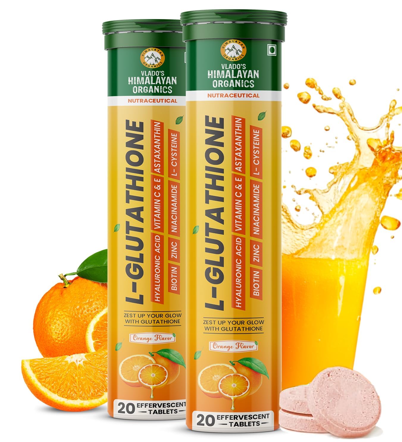 Vlado's Himalayan Organics Japanese Reduced L Glutathione Effervescent Tablets 1150mg with Hyaluronic Acid , Niacinamide, Vitamin C, E- For Anti-Pigmentation Skin Lightening, Tan Removal , Skin Glow- 20 Effervescent Tablet (Pack of 1)