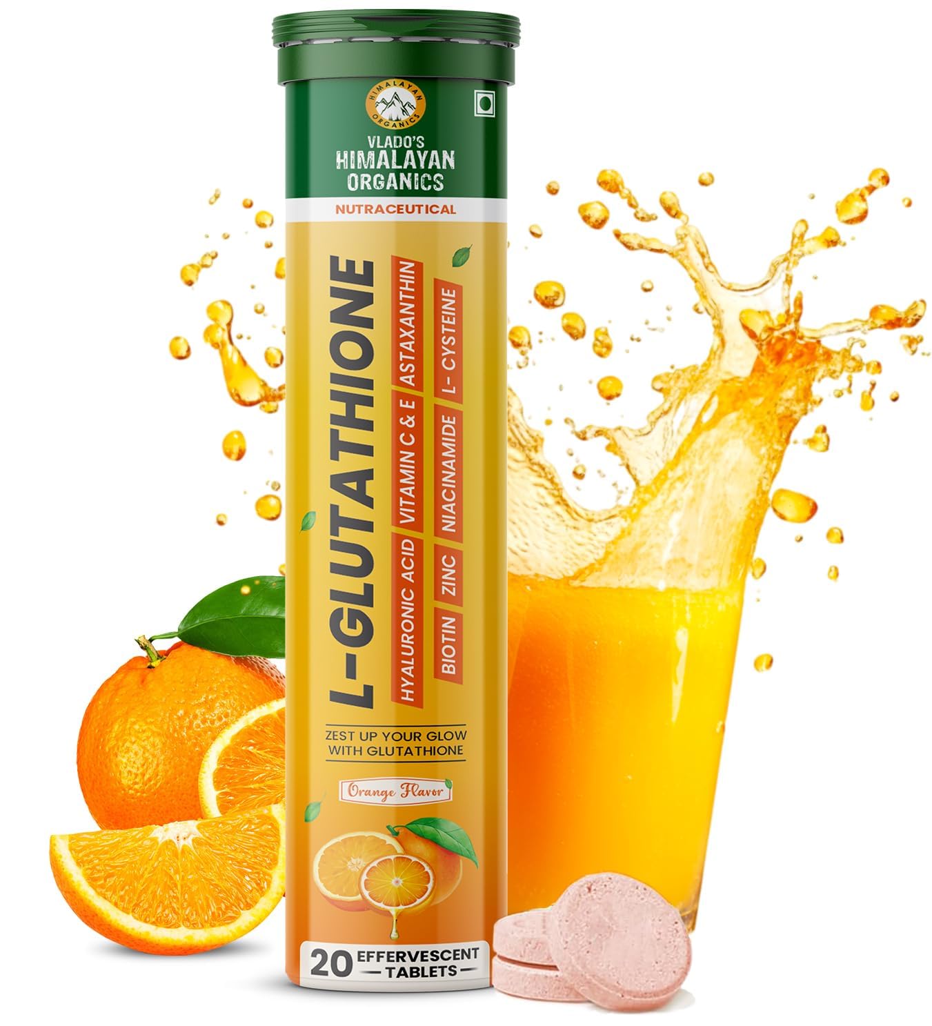 Vlado's Himalayan Organics Japanese Reduced L Glutathione Effervescent Tablets 1150mg with Hyaluronic Acid , Niacinamide, Vitamin C, E- For Anti-Pigmentation Skin Lightening, Tan Removal , Skin Glow- 20 Effervescent Tablet (Pack of 1)