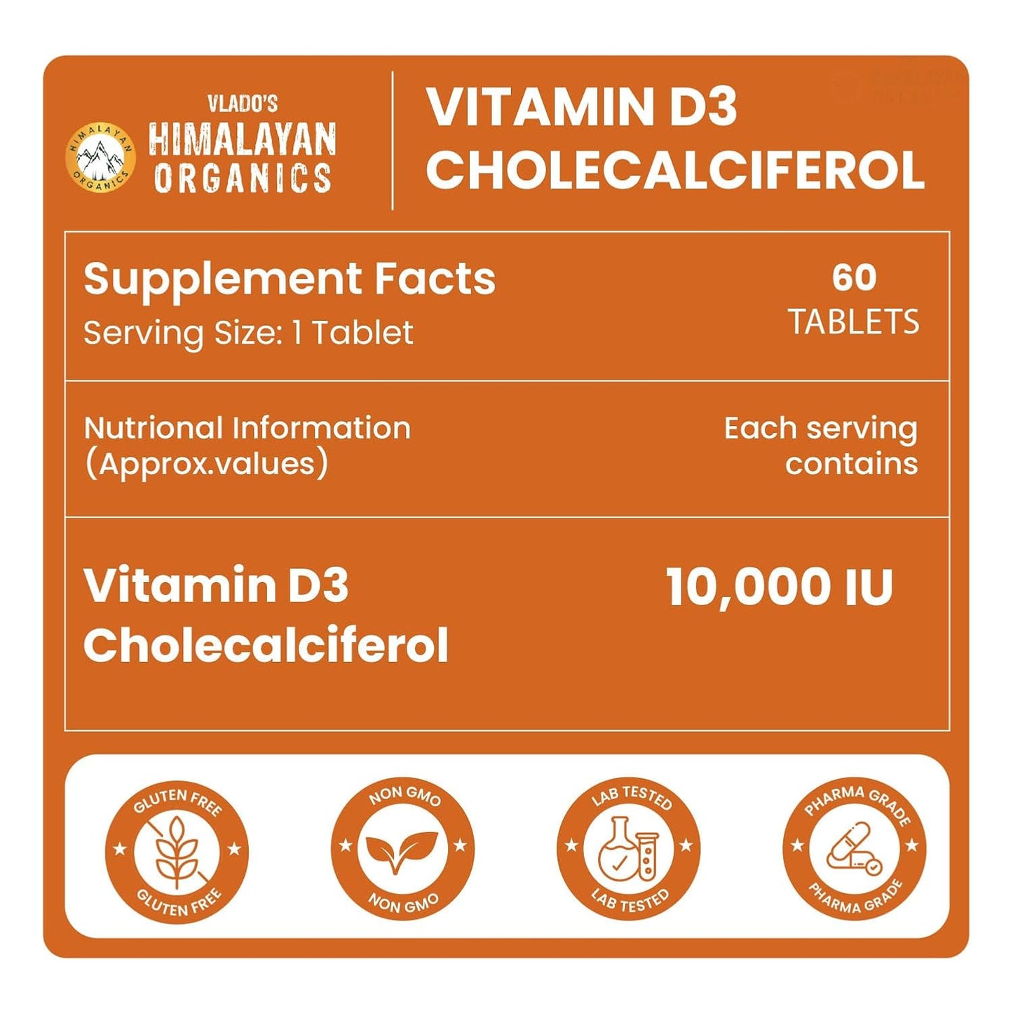 Vlado's Himalayan Organics Vitamin D3 10000IU - Chewable Vitamin D Tablets | Cholecalciferol Vitamin D3 Supplement for Bone & Immunity | Vitamin D3 Supplement for Women & Men | Orange Flavour - 60 Tablets