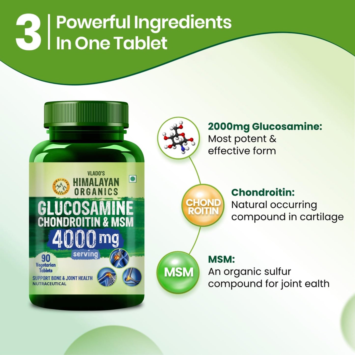 Vlado's Himalayan Organics Glucosamine Chondroitin MSM | For Bone, Joint & Cartilage Support | 90 Tablets - EAN: 8906113261913