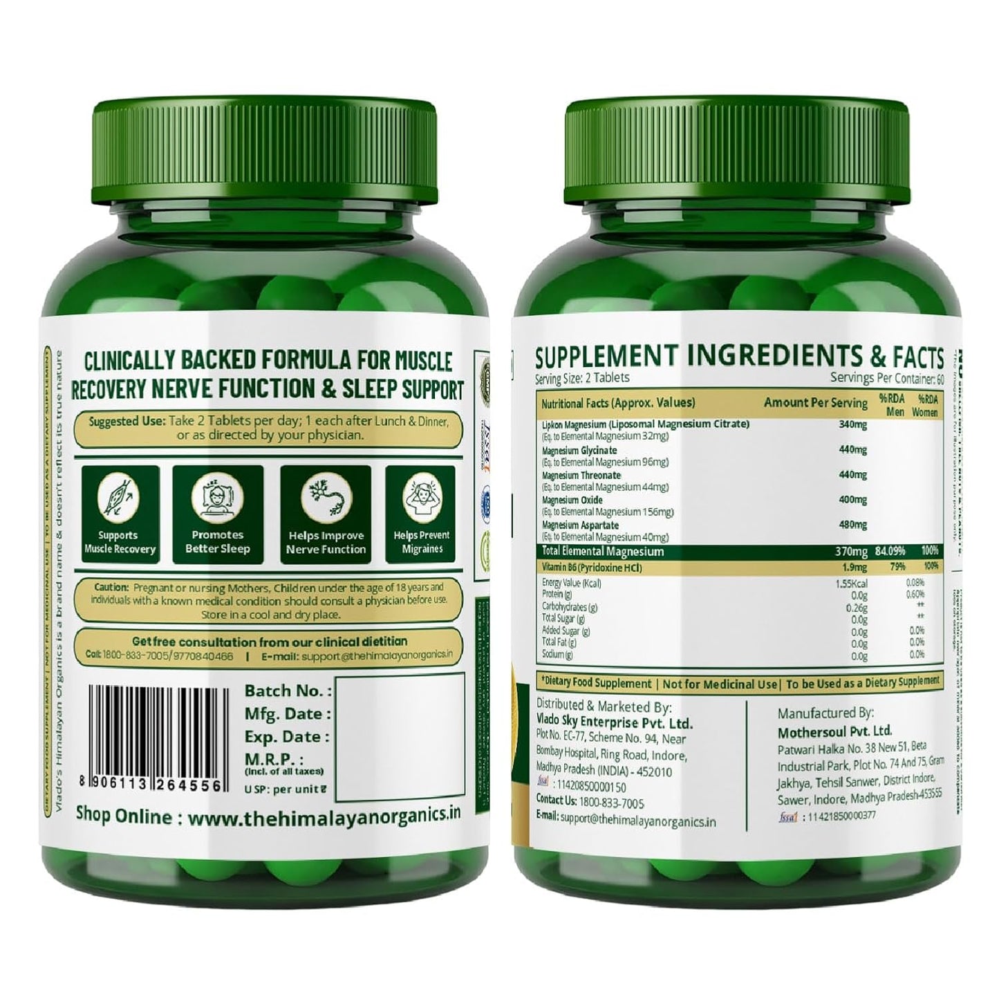 Vlado's Himalayan Organics 5X Strength Liposomal Magnesium Supplement - 2100mg+ with Chelated Magnesium Glycinate | For Sleep, Cramps, Recovery, Nerve & Muscle Function, Clinically Proven, 100% RDA - 120 Tablets