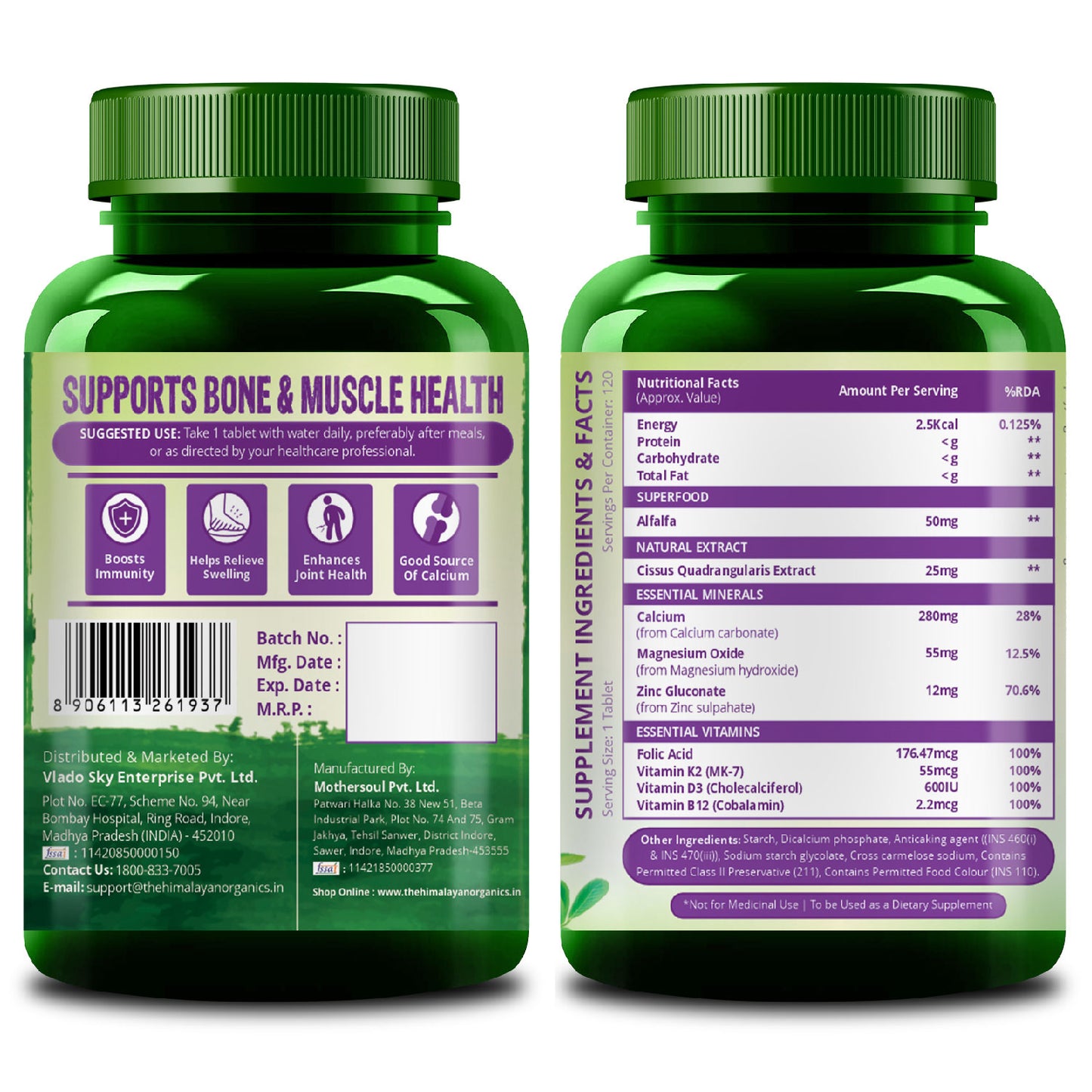 Vlado's Himalayan Organics Alfalfa Calcium 1200mg with Vitamin D, k2, Mk7, B12, Zinc & Magnesium - 120 Veg Tablets