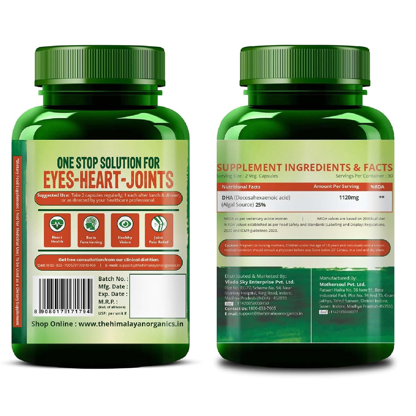 Vlado's Himalayan Organics Vegetarian Omega 3 - 1120 MG Supplement | 3X Strength | Veg DHA | Vegetarian Omega 3 | Algal DHA | Plant Based | No Fish oil Used I Healthy Heart, Joints & Eyes I Omega Capsules for Men & Women- 60 Veg Capsules