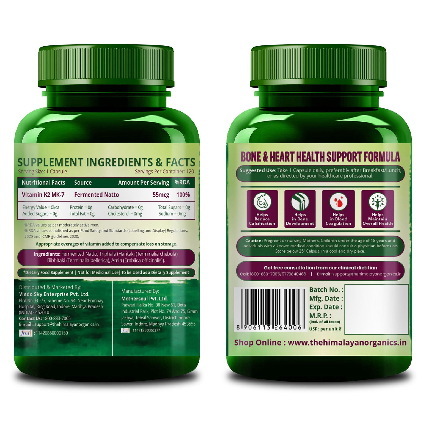 Vlado's Himalayan Organics Plant-Based Vitamin K2 MK- 7 Supplement Supports Stronger Bone & Heart Health I 55 MCG / Serving - k2 supplements for Men & Women - 120 Veg Capsules