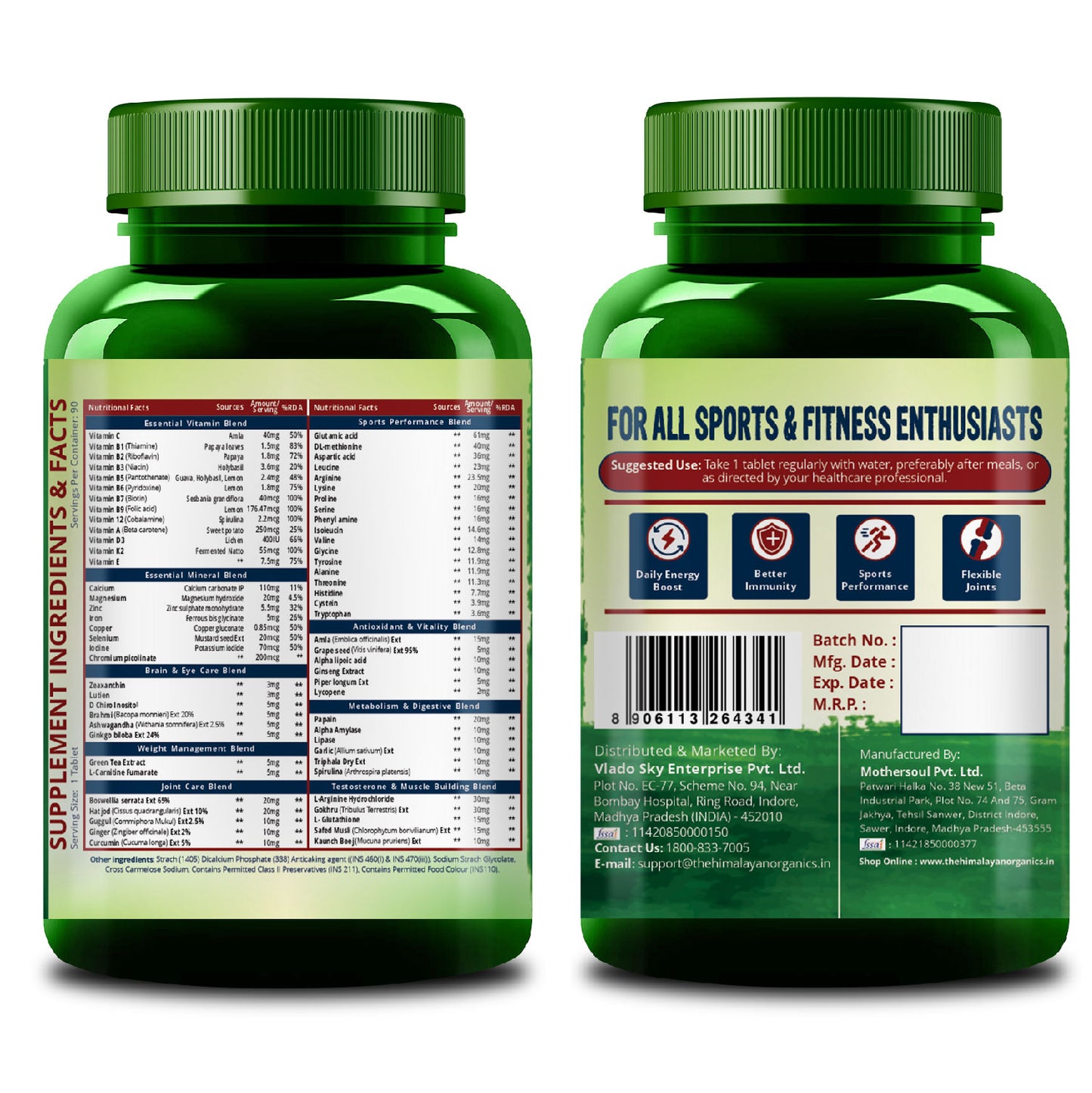 Vlado's Himalayan Organics Multivitamin Sports 60+ Nutrients | Vitamin B1,B2,B3,B5,B6,B12,A,E,C,D,K,Biotin,Calcium,Zinc - 90 Veg Tablets