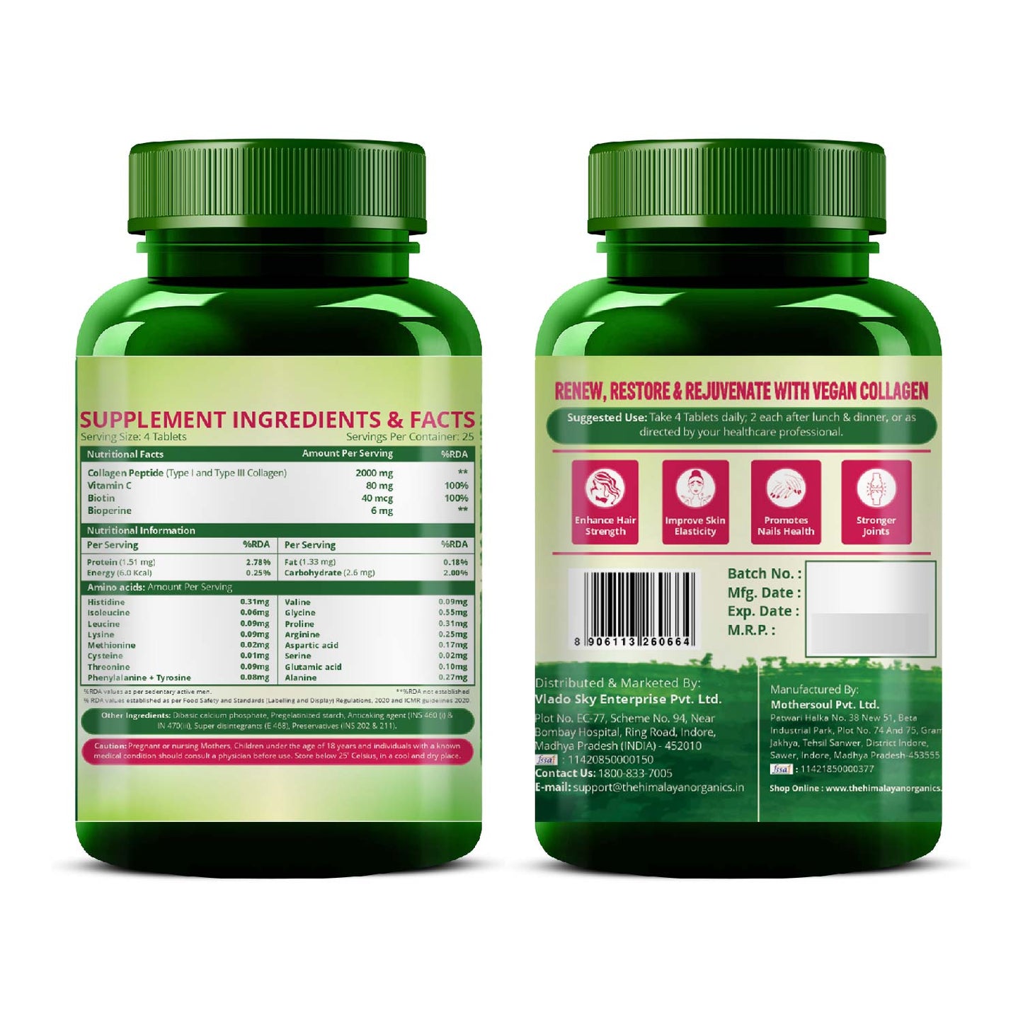 Vlado's Himalayan Organics Vegetarian Collagen 2000Mg With Biotin And Vitamin C (100 Tablets)