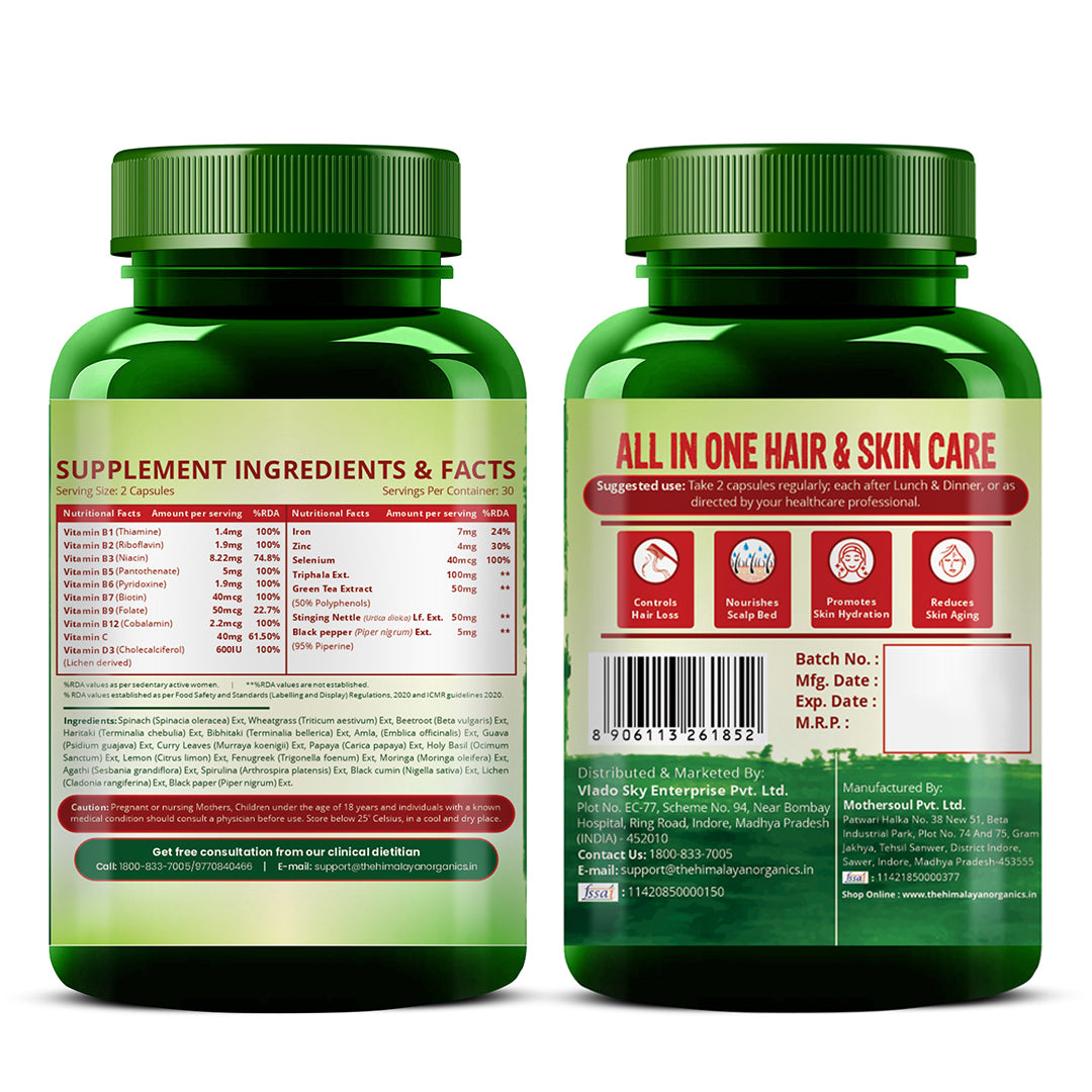 Vlado's Himalayan Organics Plant-Based Hair Skin vitamin with Pure Biotin And DHT Blocker - For Men And Women - 60 Veg Capsules