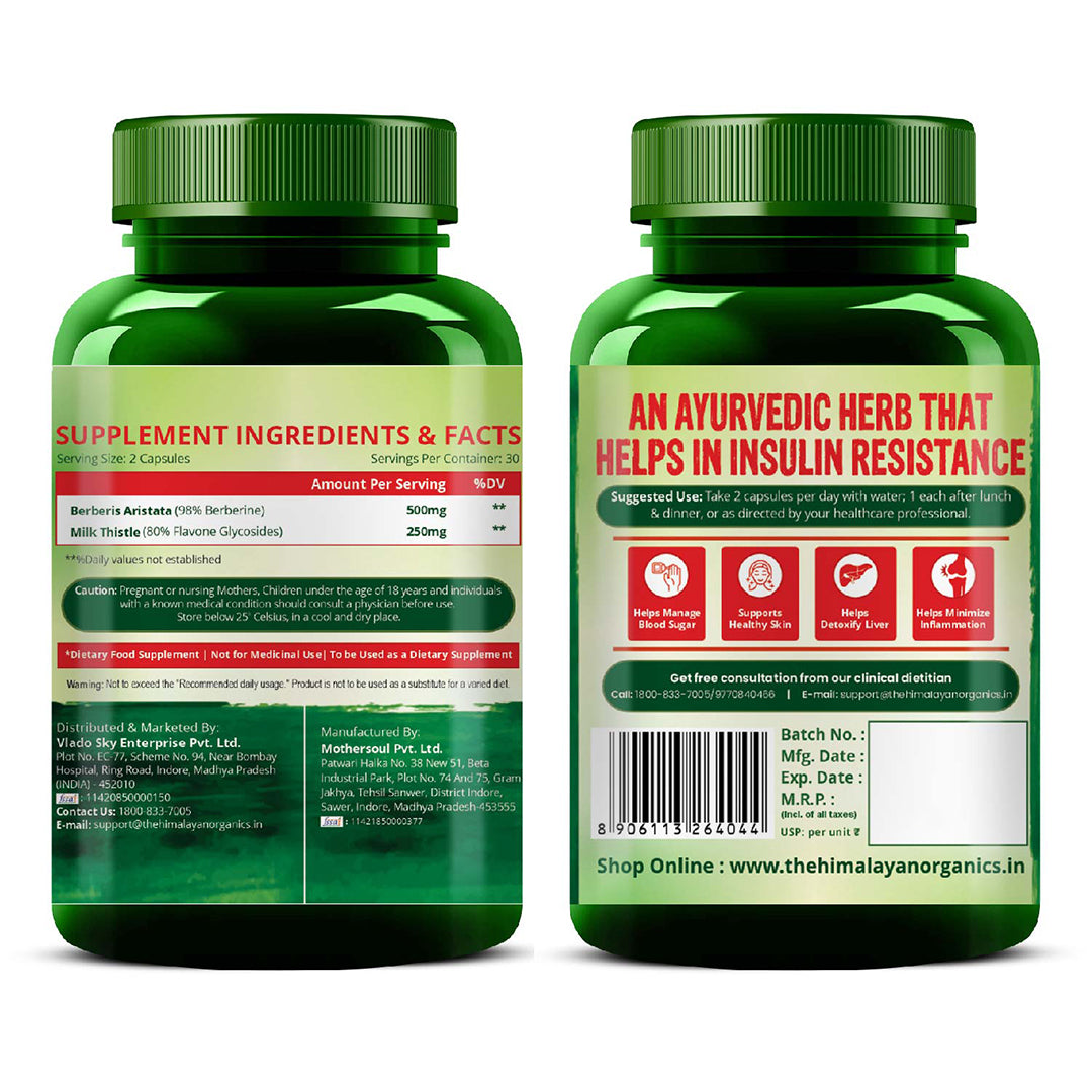Vlado's Himalayan Organics Berberis Aristata Berberine 98% with Milk Thistle for 2X Liver Support - 60 Capsules