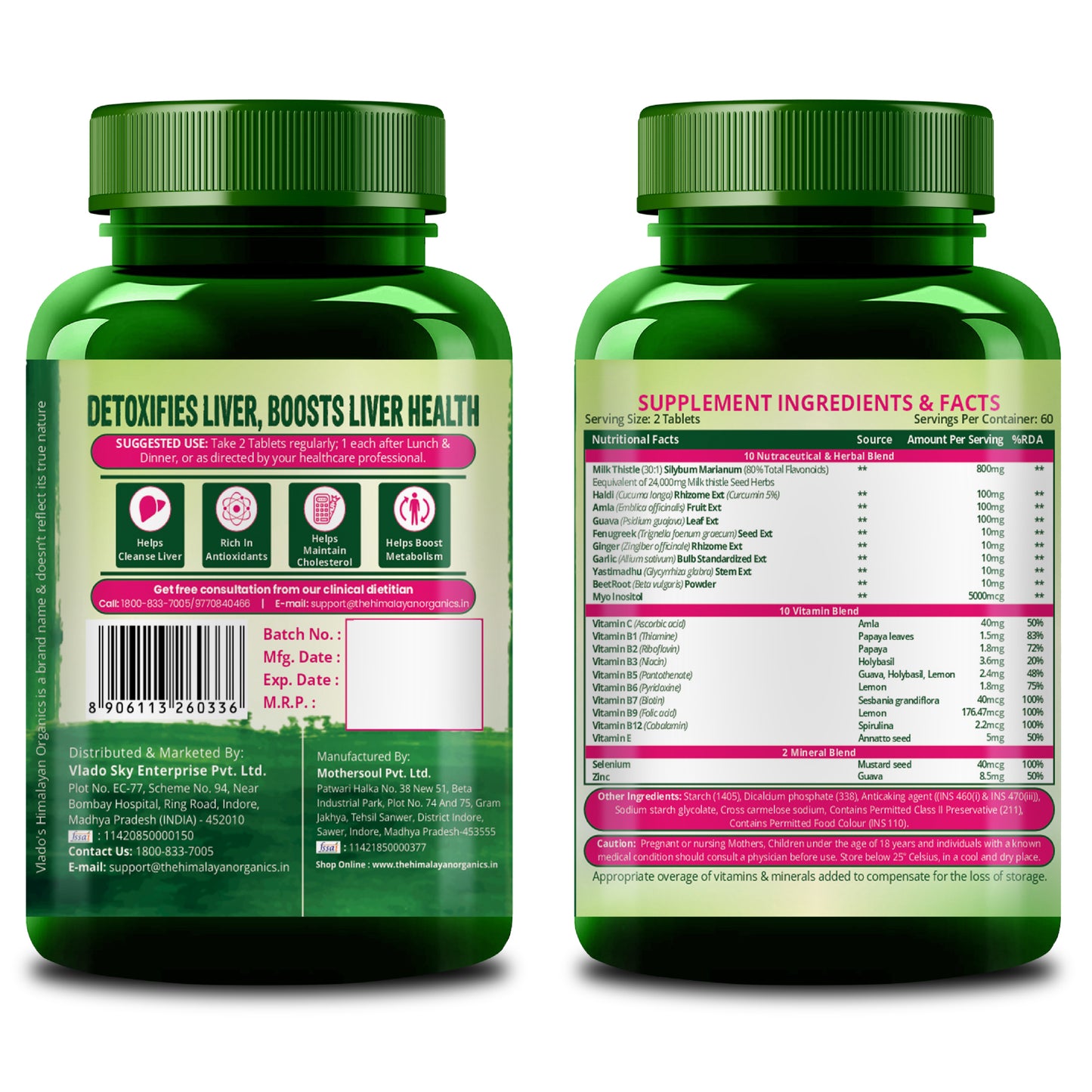 Vlado's Himalayan Organics Milk Thistle Extract With 800Mg Of Silybum Marianum Detox Supplement For Men And Women For Healthy Liver | Boost Metabolism And Maintain Cholesterol level - 120 Vegetarian Tablets