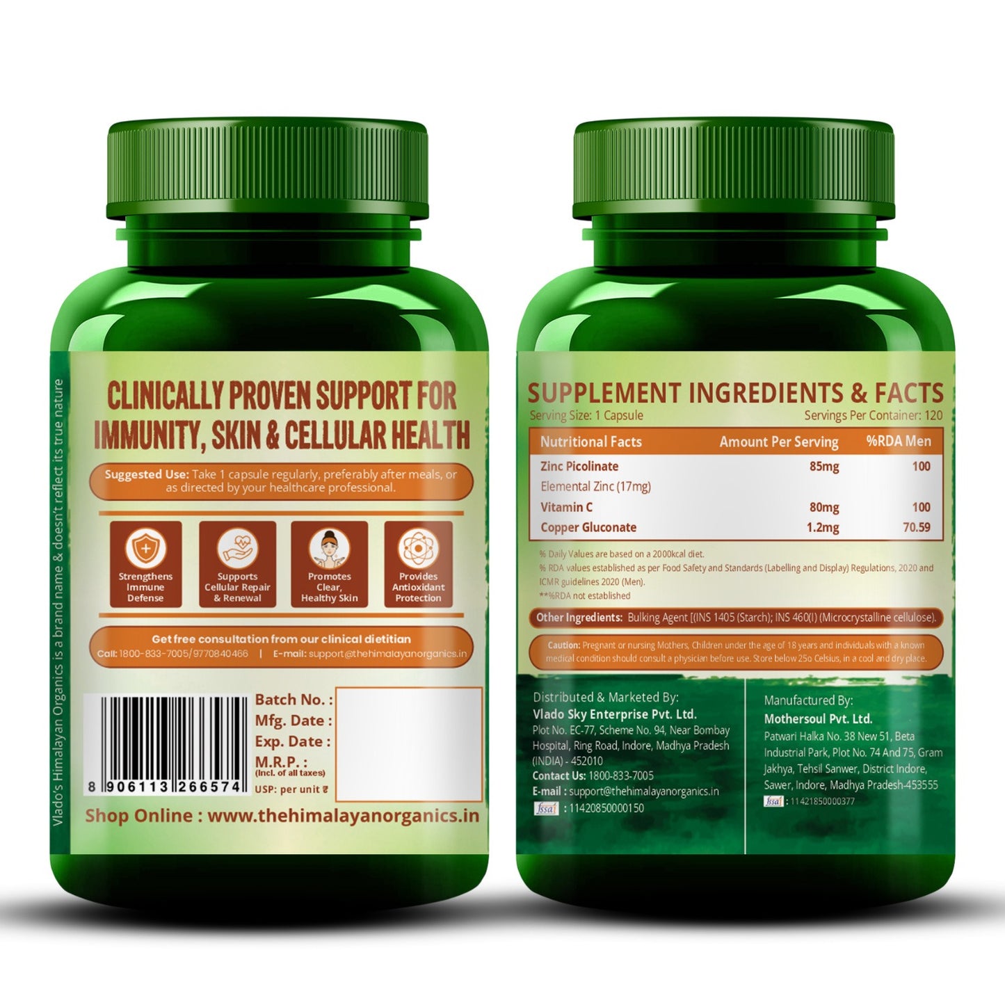 Vlado's Himalayan Organics Zinc Picolinate with Vitamin C & Copper | Zinc Supplements for Men with 100% RDA Zinc | Immunity & Cellular Health Support – 120 capsules