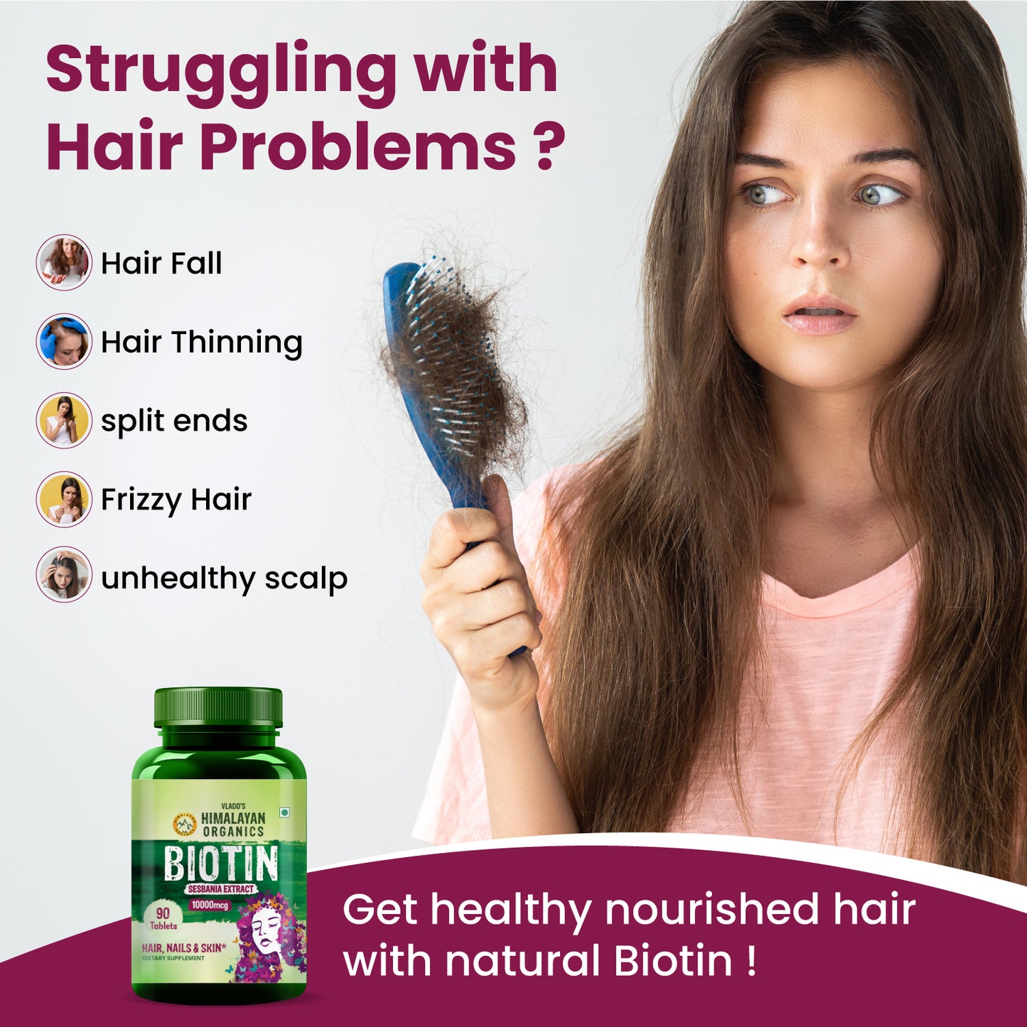 Vlado’s Himalayan Organics Biotin 10000 MCG tablets for Hair Growth, Radiant Skin and Stronger Nails I Sesbania Grandiflora Extract Biotin I Biotin Supplement for men & Women - 90 Veg Tablets