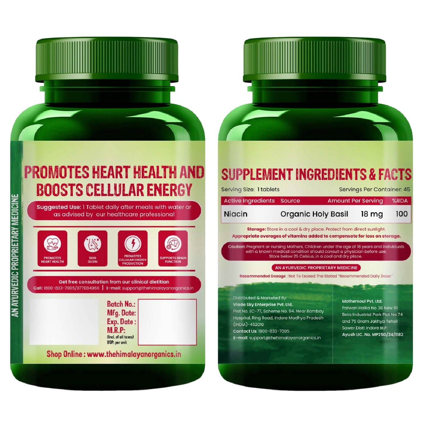 Vlado's Himalayan organics - Organic Niacin (Vitamin B3 ) 18 mg / Serving - for Vascularity & Increase Cellular Energy - 45 Veg Tablets