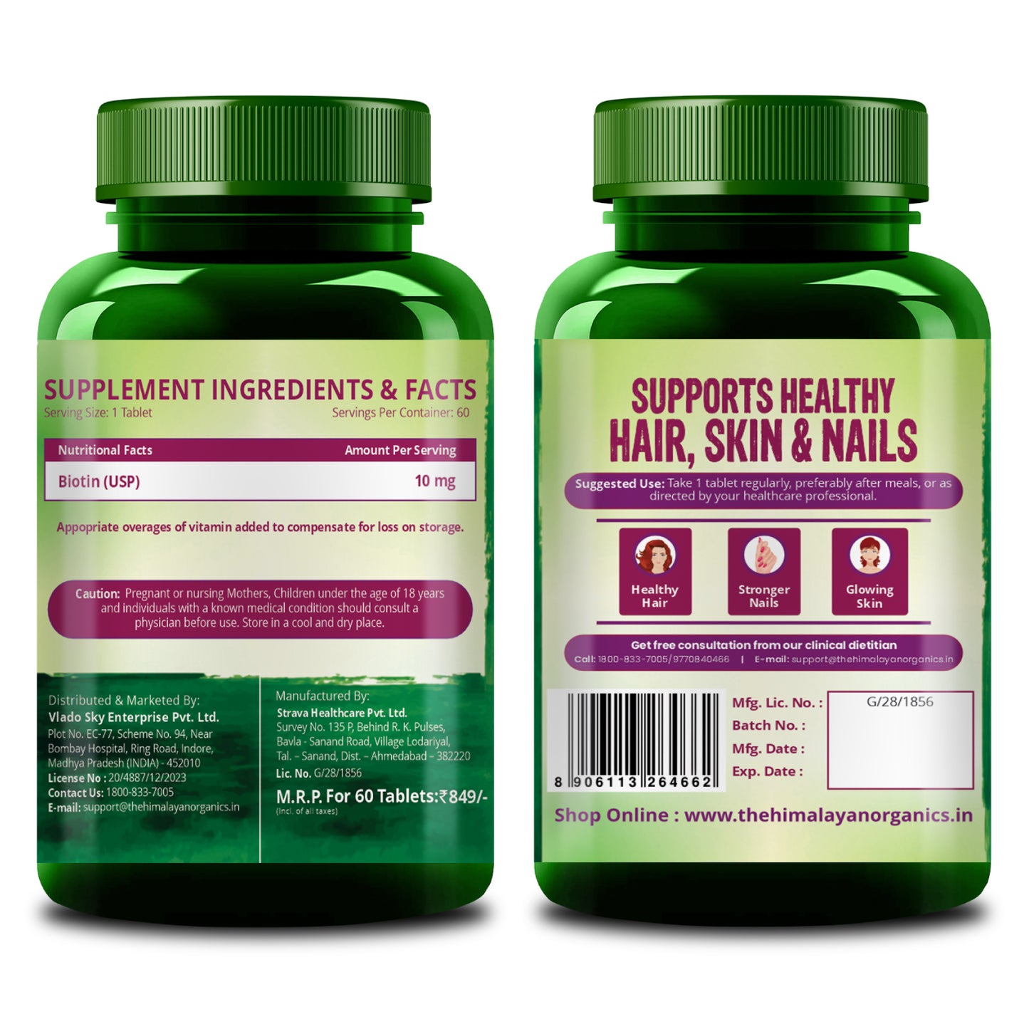 Vlado's Himalayan Organics Biotin 10000Mcg For Healthy Hair And Skin - 60 Tablets